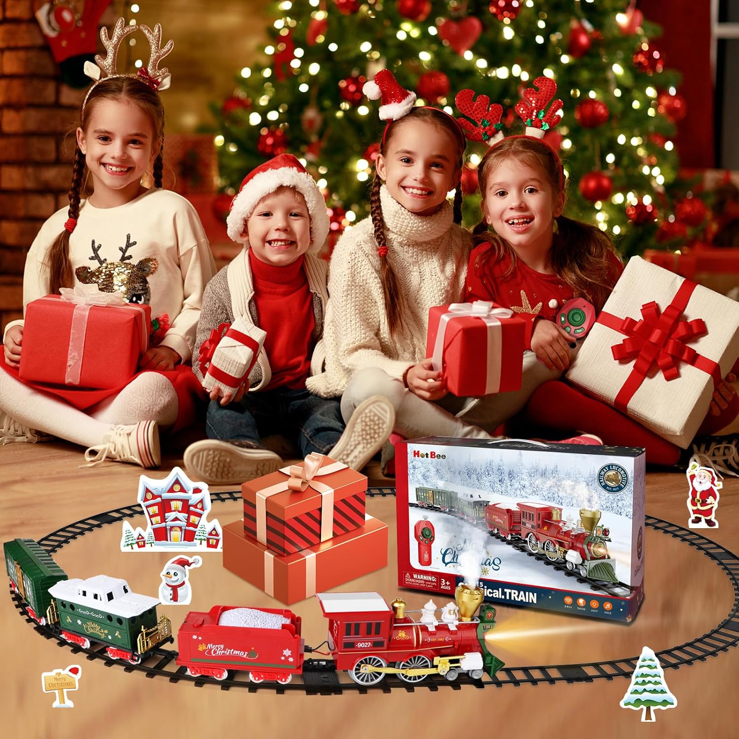 Hot Bee Juego de tren de Navidad, tren de control remoto para juguetes de tren de árbol de Navidad con humo realista, luces y sonidos, tren de