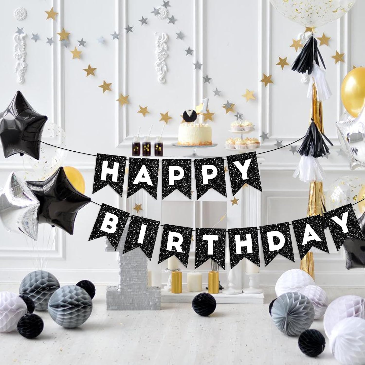 Cartel de feliz cumpleaños negro para telón de fondo con purpurina negra para decoración de feliz cumpleaños para hombres y mujeres, fiesta de