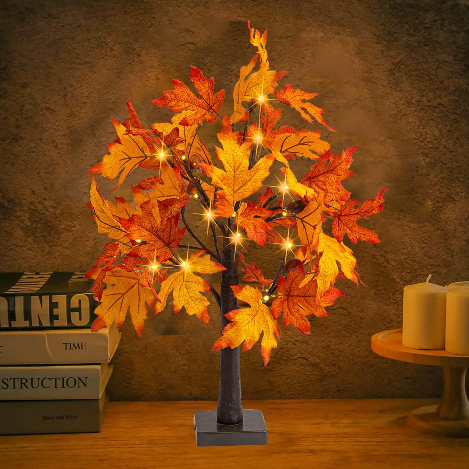 Dazzle Bright Paquete de 2 decoraciones de árbol de arce de otoño iluminadas de 24 pulgadas, 24 luces LED, funciona con pilas, árbol artificial con