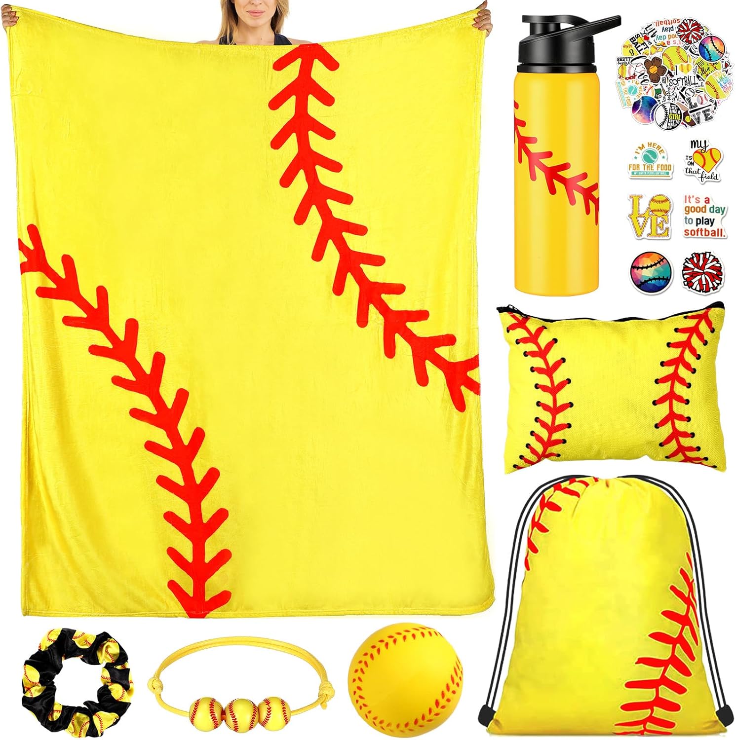 8 regalos de sóftbol incluyendo manta, botella de agua de 23 onzas, bolsa con cordón, bolsa de cosméticos, calcomanías, pulseras, bandas elásticas