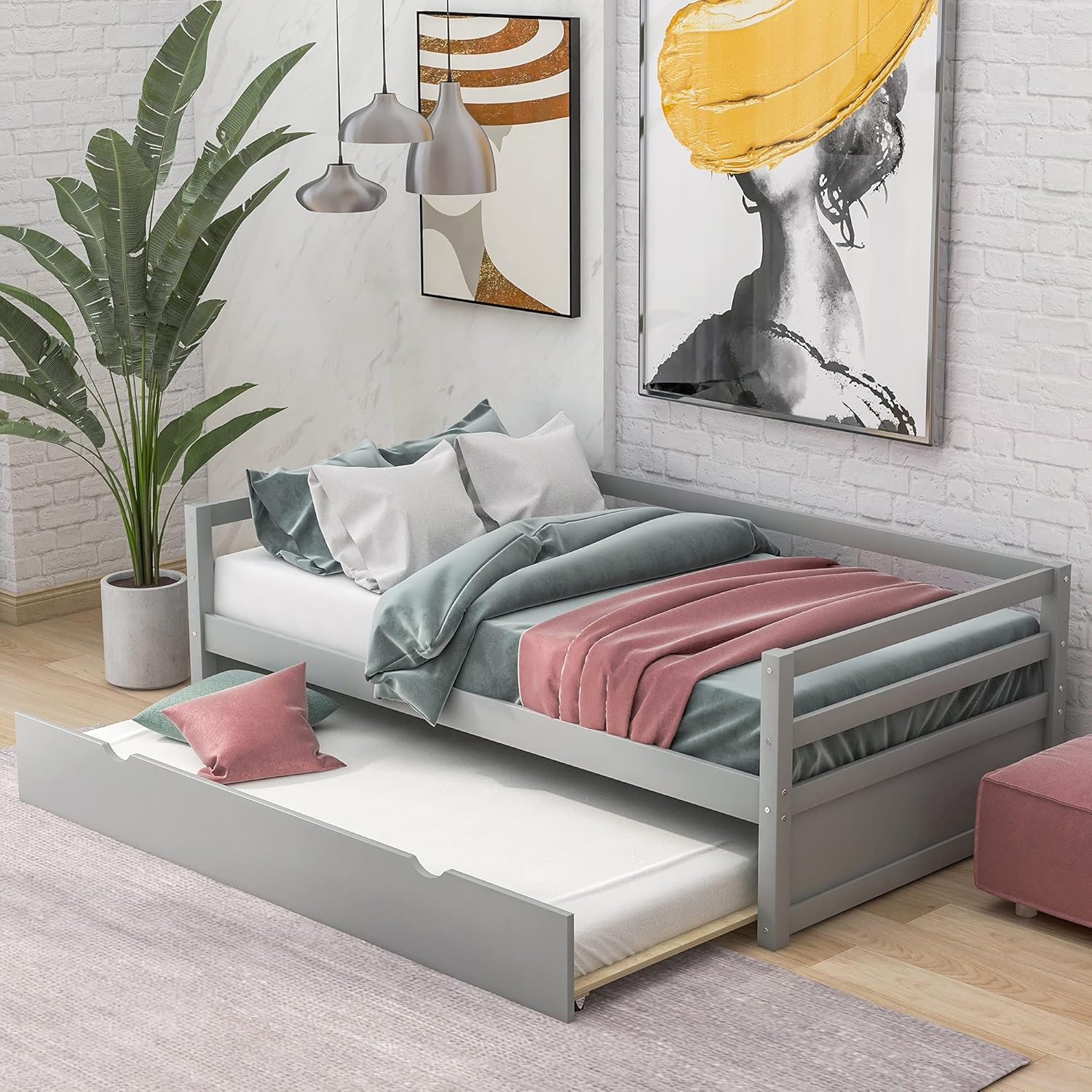 Harper & Bright Designs Sofá cama de madera con nido, sofá cama nido tamaño individual, marco de cama individual estándar, no requiere somier (sofá