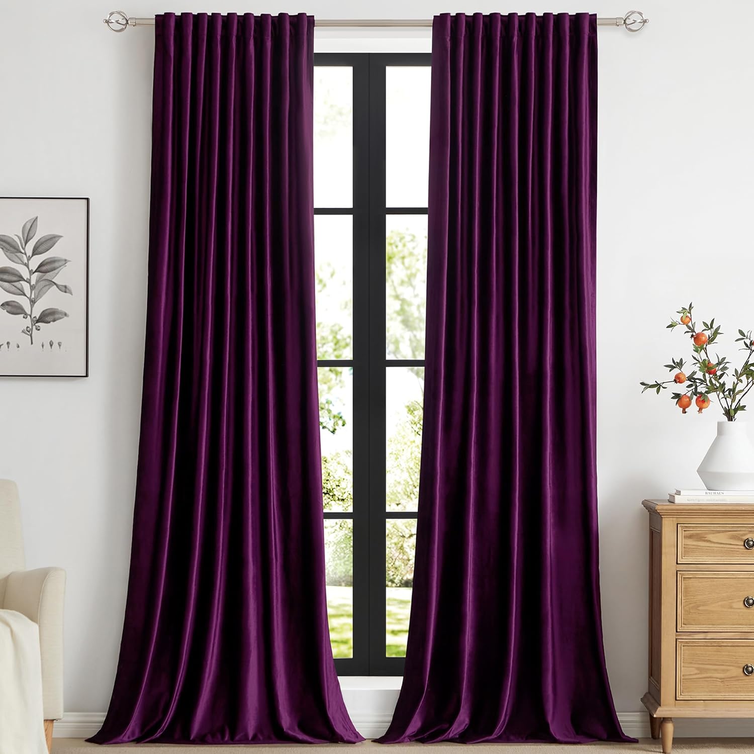 PRIMROSE Cortinas de terciopelo morado de 96 pulgadas de largo para sala de estar, juego de 2 paneles opacos, bolsillo para barra, pestaña trasera,