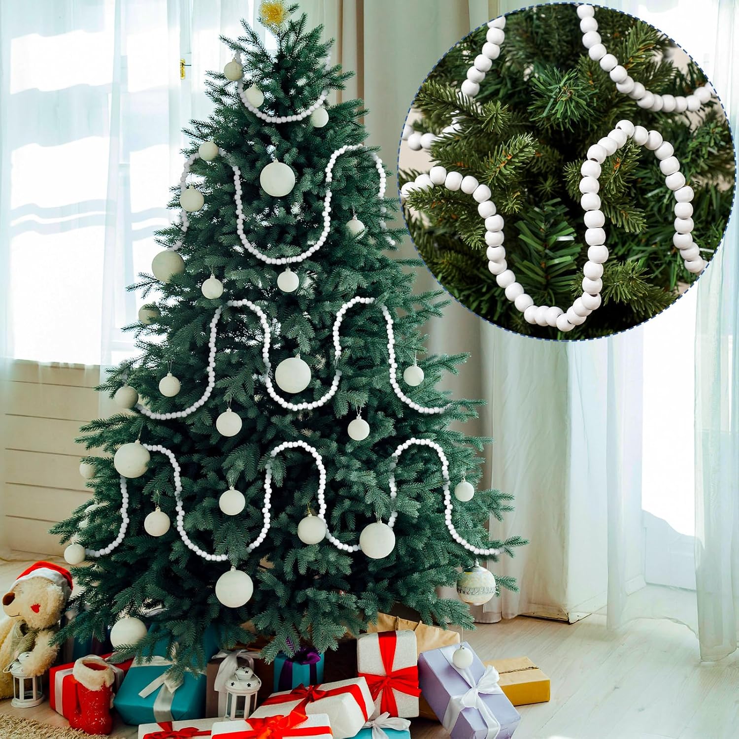 WILLBOND Guirnalda de cuentas de madera de Navidad de 29.5 pies, 3 piezas, guirnalda de cuentas redondas para Navidad y decoraciones navideñas
