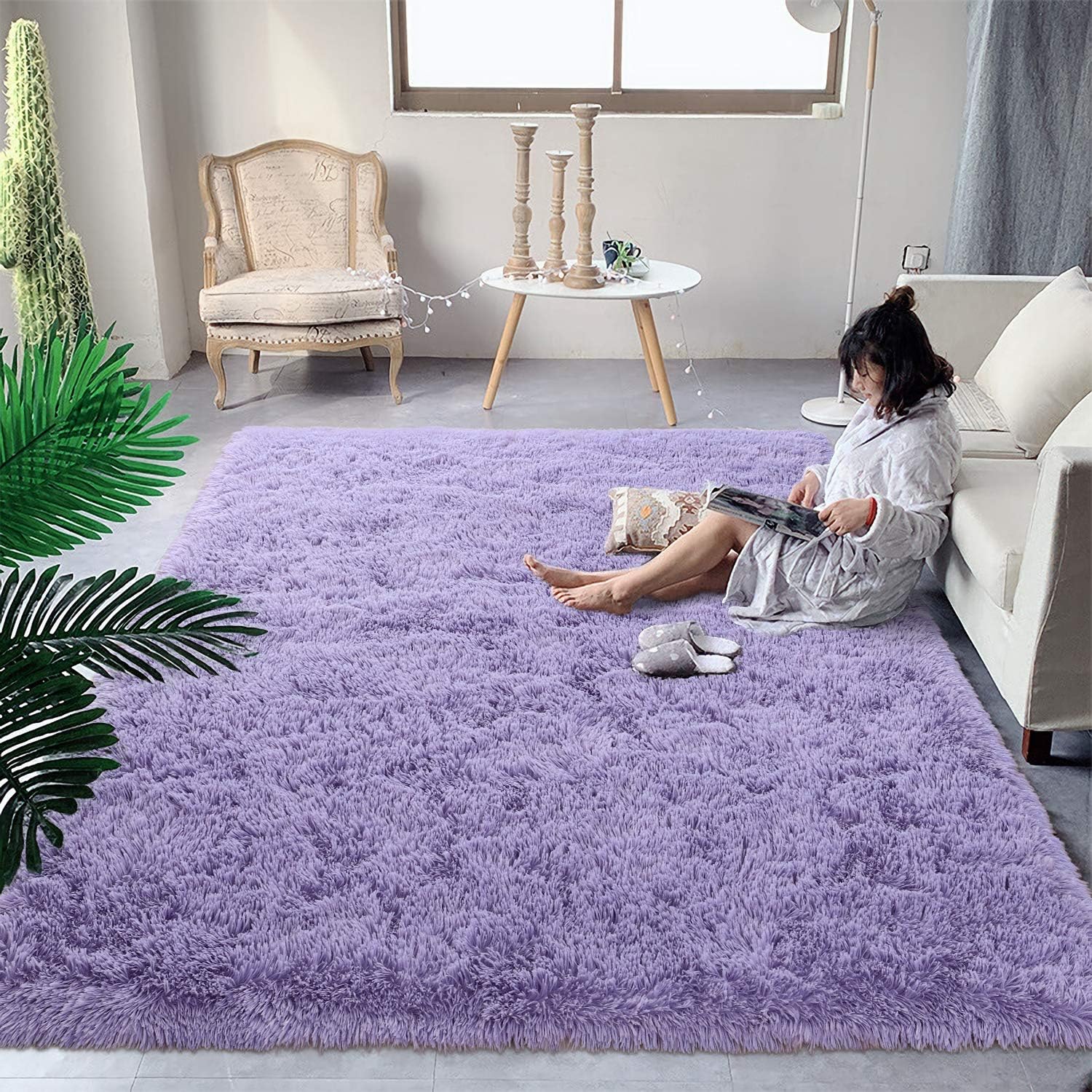 DweIke – Alfombras peludas supersuaves y mullidas de 5 x 8 pies, alfombra de área morada para sala de estar, dormitorio, habitación de niños,