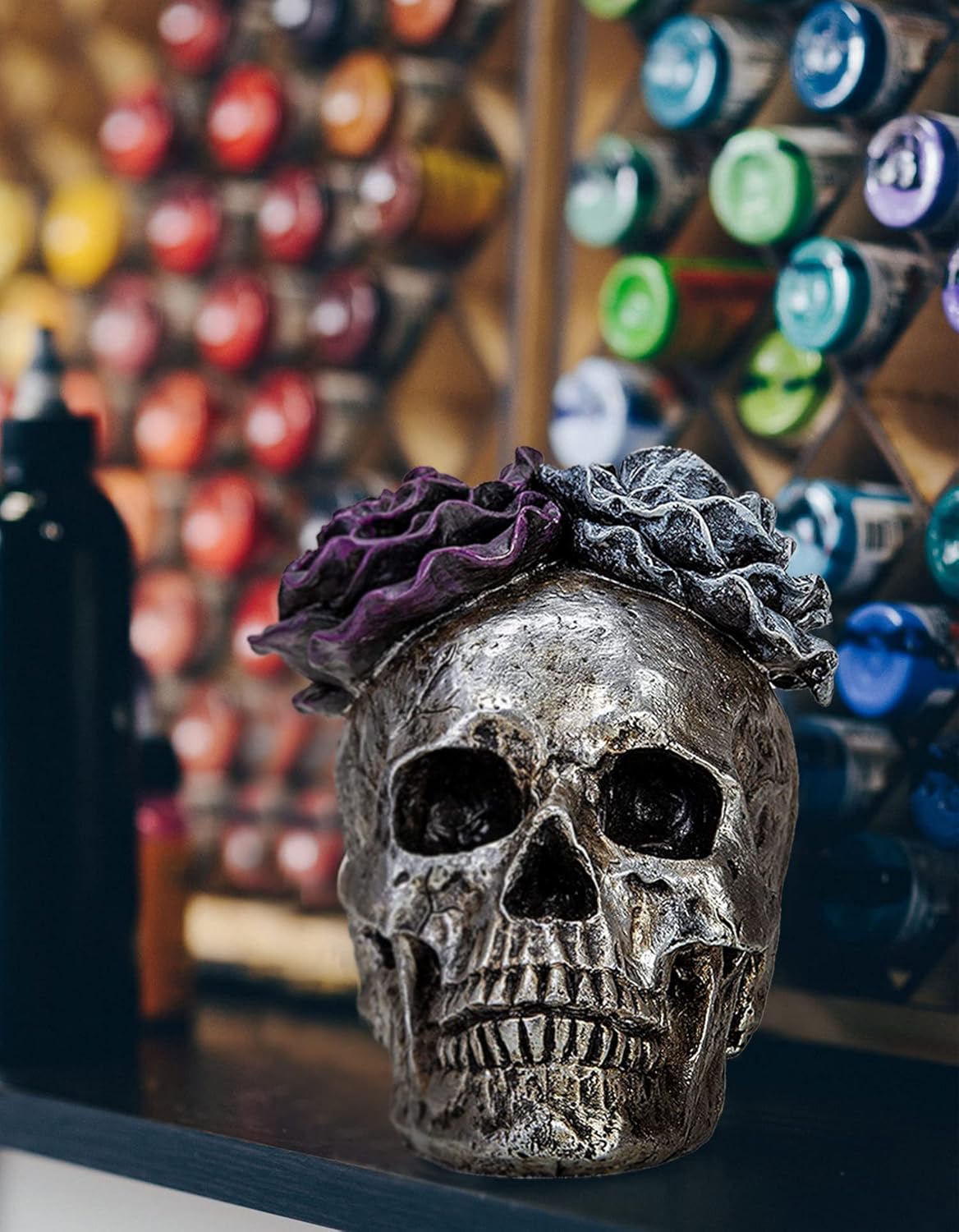 Estatuas de calavera de Halloween, decoración del hogar, día de muertos, morado, gris, rosa, plata, calavera de resina, decoración de calavera de