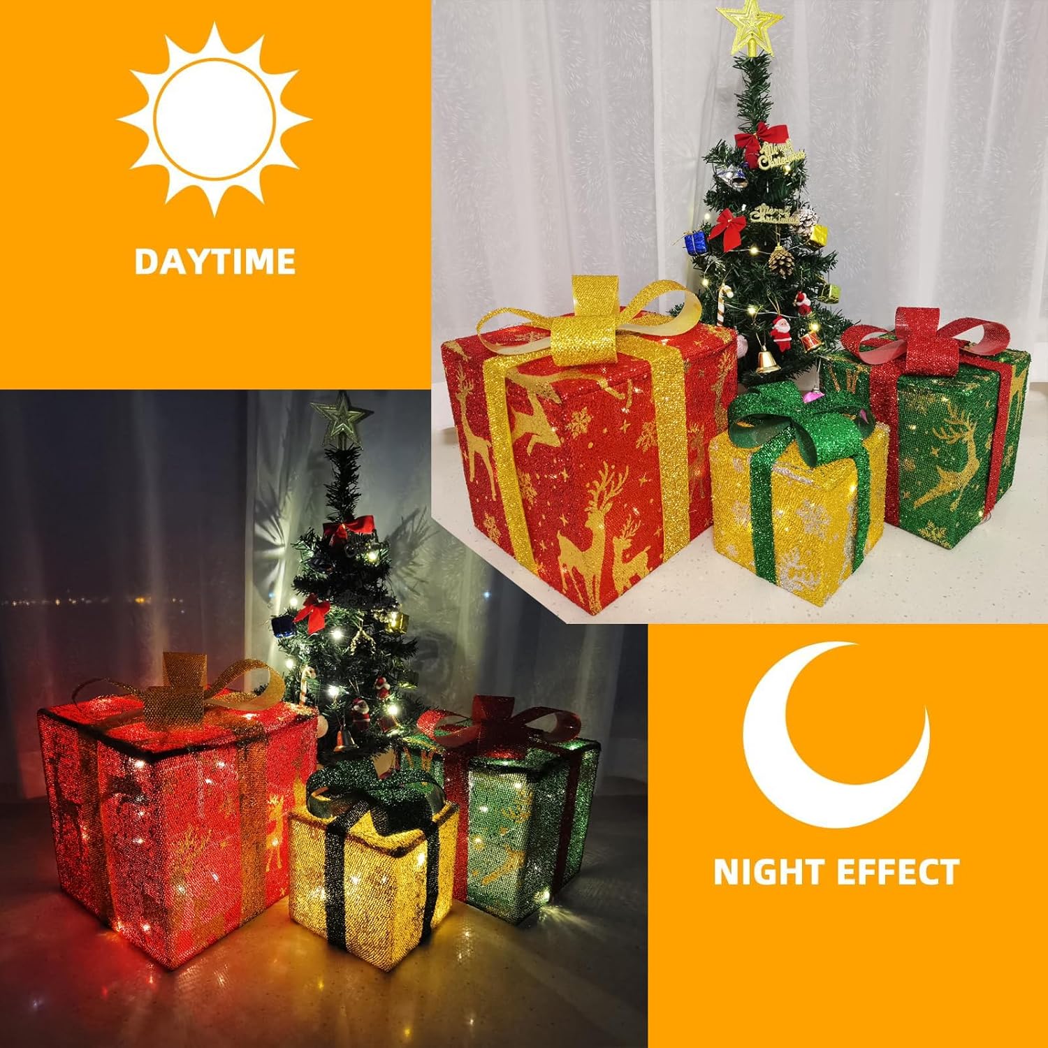 Cajas de Navidad iluminadas, juego de 3 cajas de regalo iluminadas de Navidad, 60 cajas de regalo LED, decoraciones para interiores y exteriores con