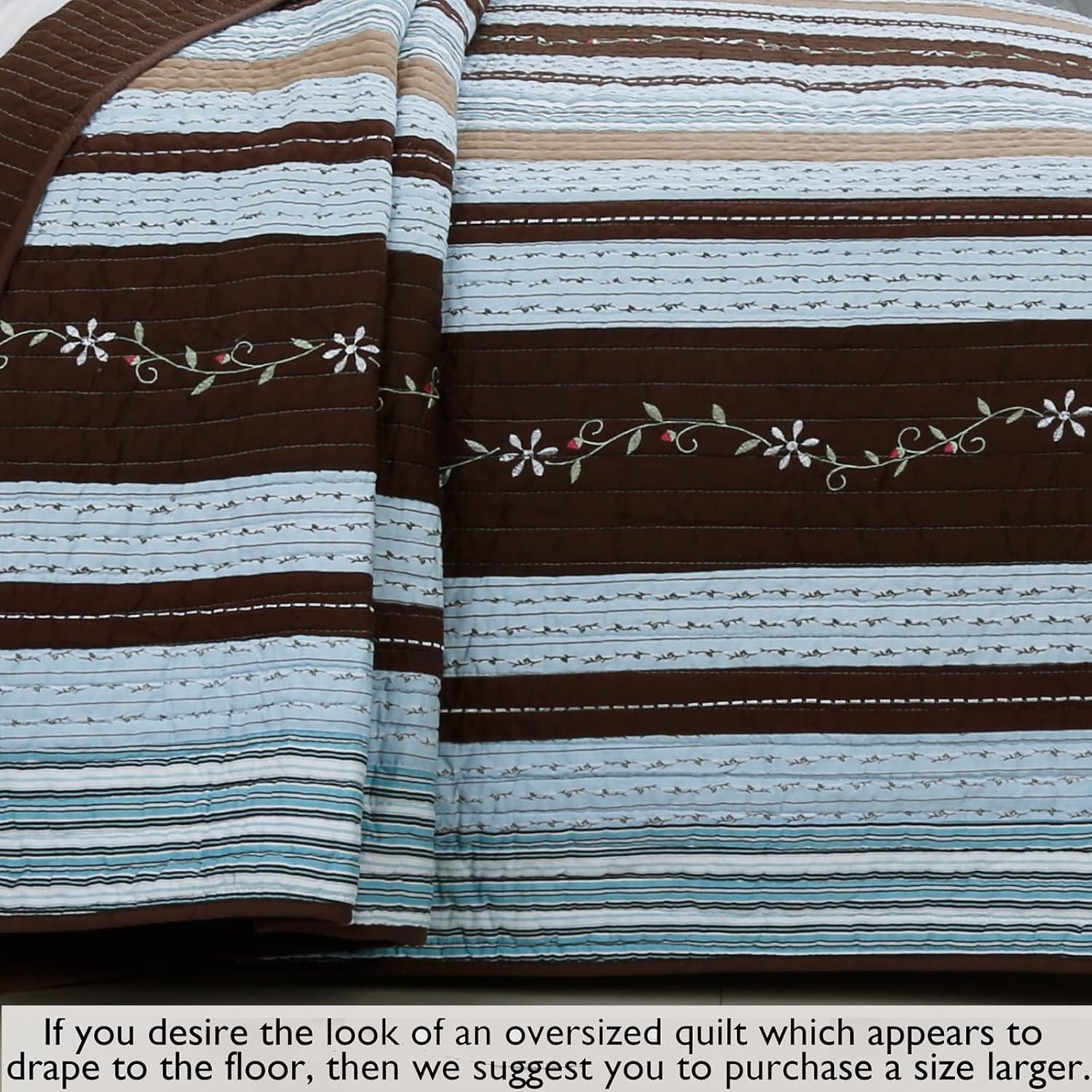 Cozy Line Home Fashions Juego de ropa de cama reversible de 100 % algodón, colcha floral de cabaña azul tostado, colcha floral (rayas marrones,