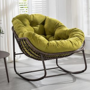HOMEFUN Mecedoras para patio al aire libre, mecedora Papasan de gran tamaño para interiores con cojín acolchado, silla mecedora para porche HOMEFUN Mecedoras para patio al aire libre, mecedora Papasan de gran tamaño para interiores con cojín acolchado, silla mecedora para porche