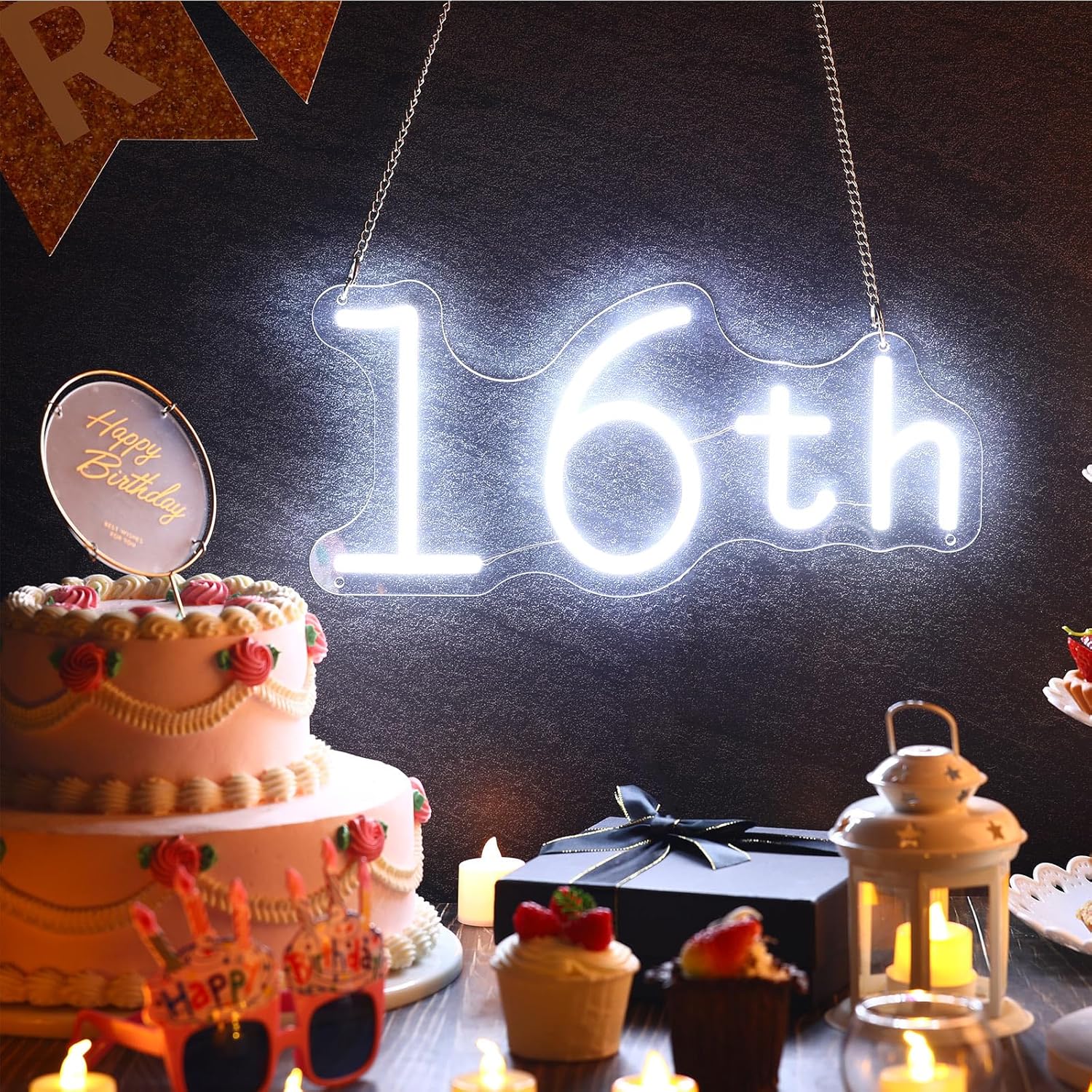 Letrero de neón de feliz cumpleaños para decoración de pared, decoración de cumpleaños de 16, 18, 50, letrero LED con cadenas colgantes para telón