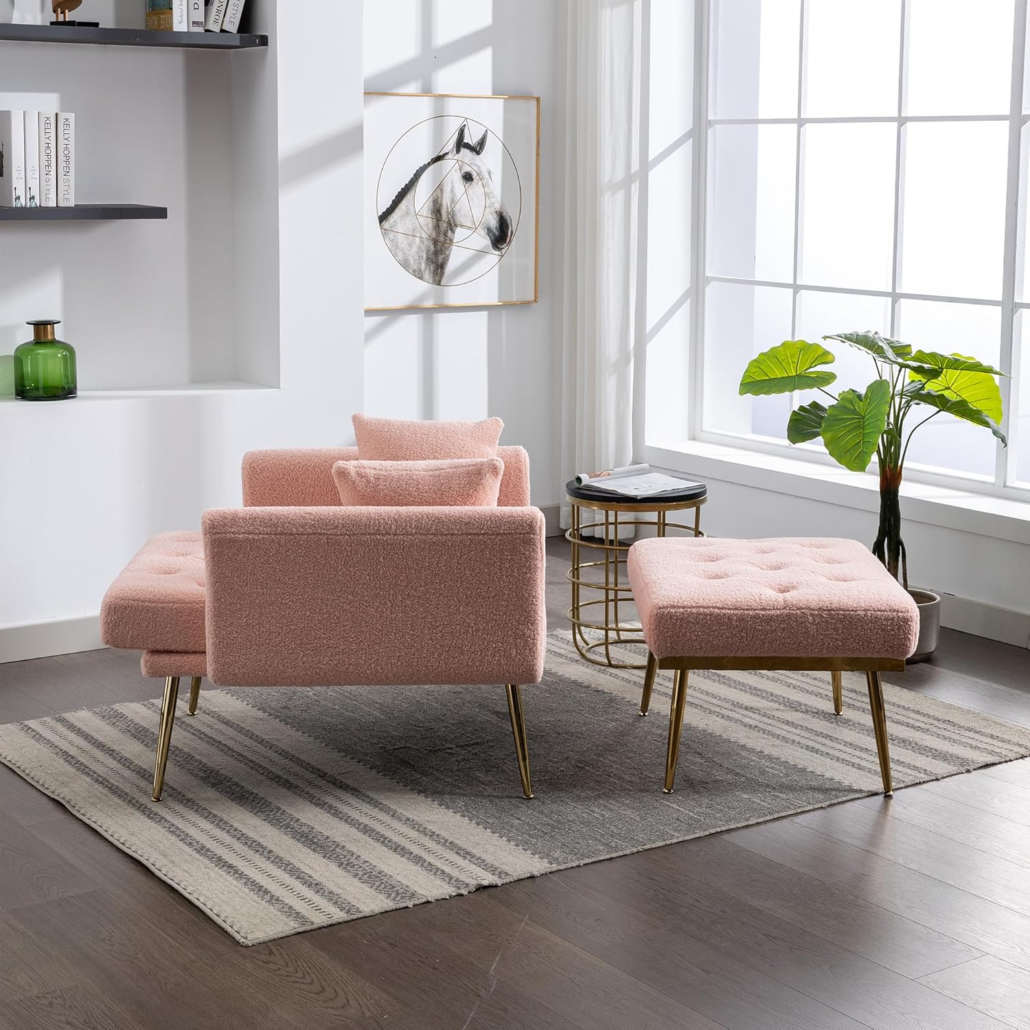 Silla decorativa moderna Sherpa de 36.61 pulgadas de ancho con respaldo ajustable de 3 ángulos + 2 almohadas, sillón reclinable y otomano para sala