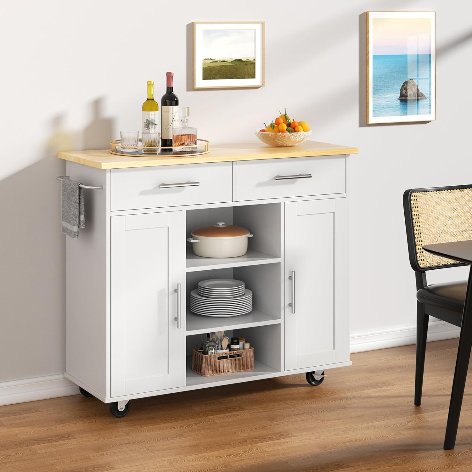 Shintenchi Carrito de isla de almacenamiento de cocina con 3 estantes abiertos, 2 cajones y 2 gabinetes, carrito de cocina con ruedas con