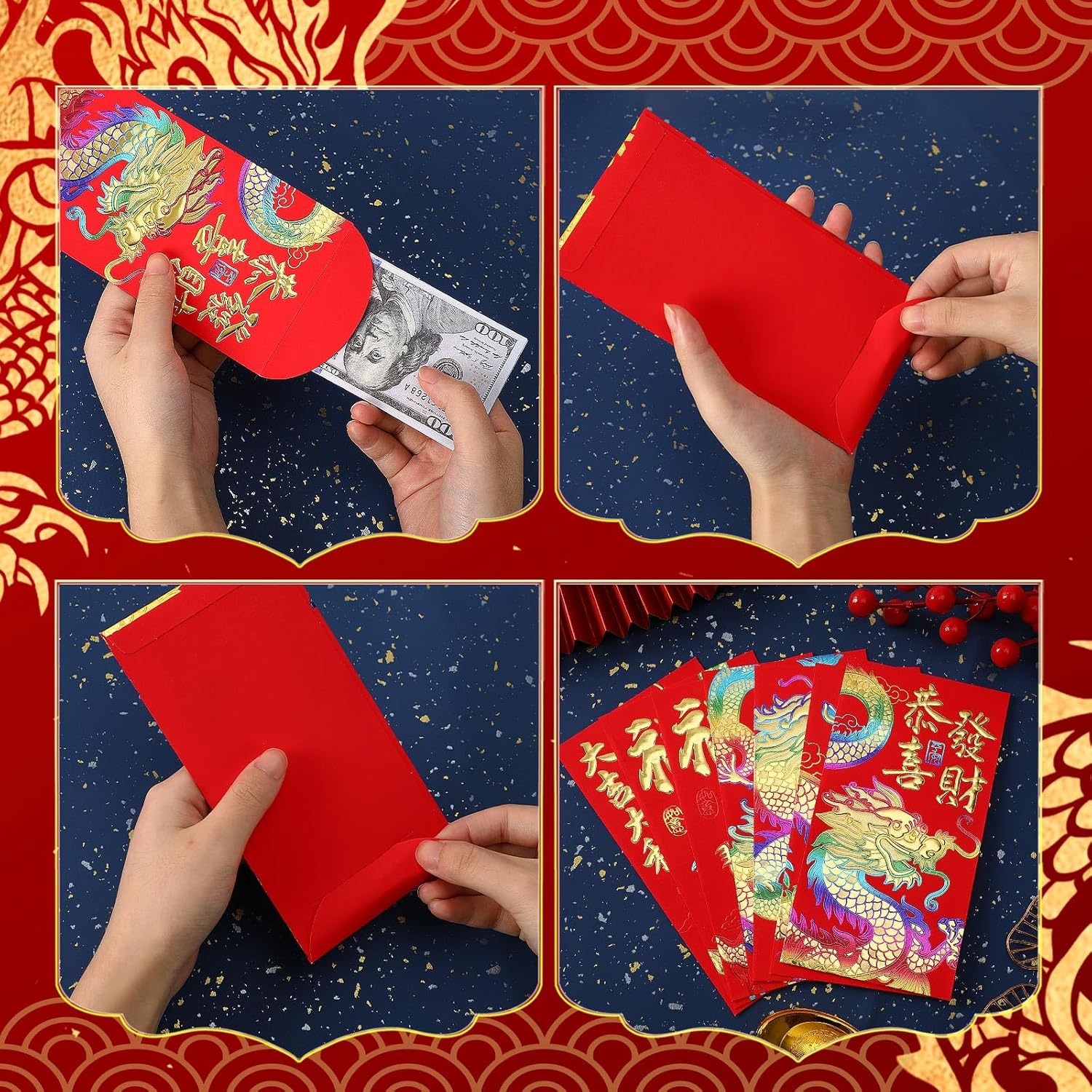 UPINS Sobres rojos de año nuevo chino 2024, 48 sobres rojos de dinero de la suerte Hong Bao con estampado de dragón lunar en relieve para decoración