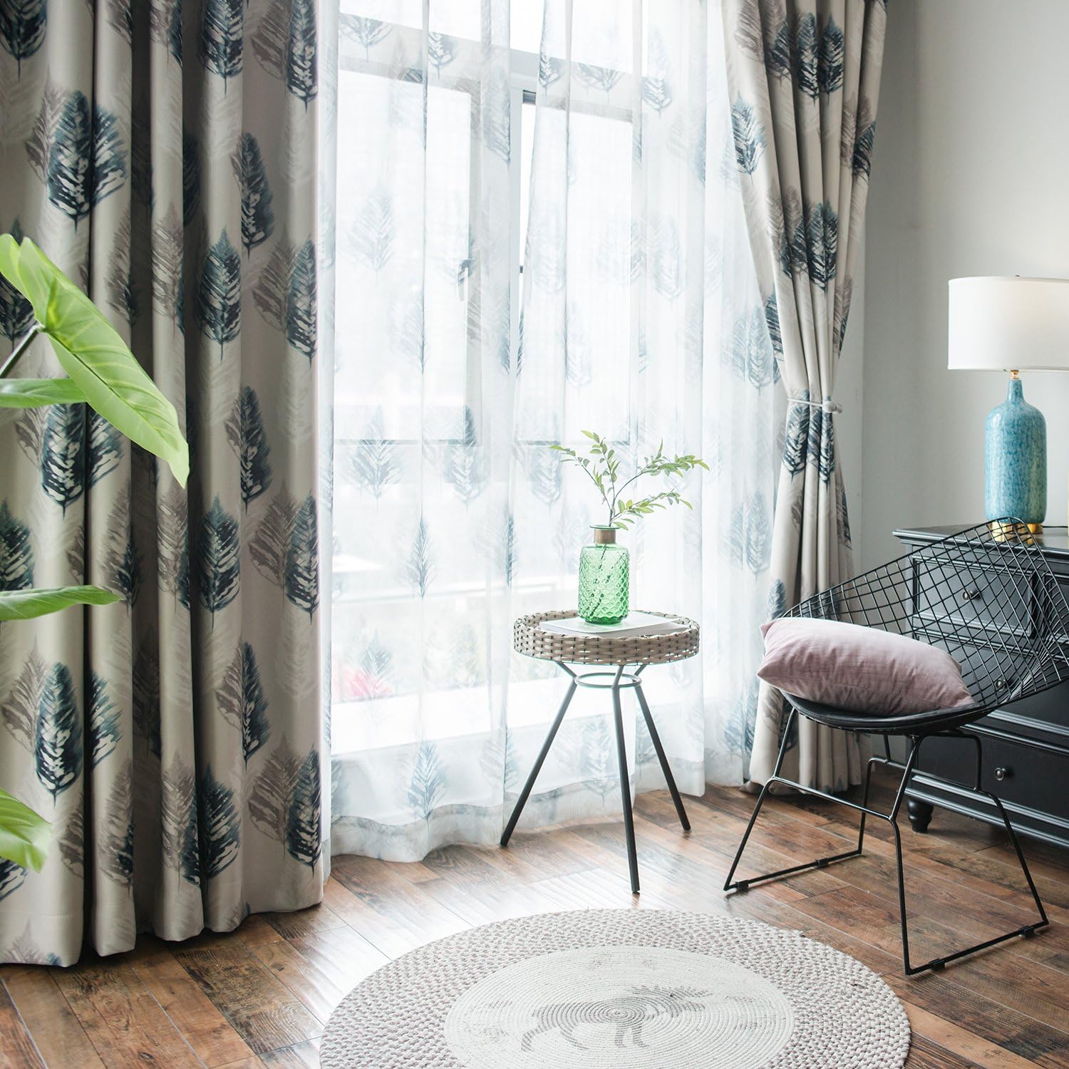 VOGOL Simple Leaves Impreso 80% Blackout Poliéster Algodón Tratamientos de Ventana, Cortinas de Estilo Moderno para Oscurecimiento de la Habitación,