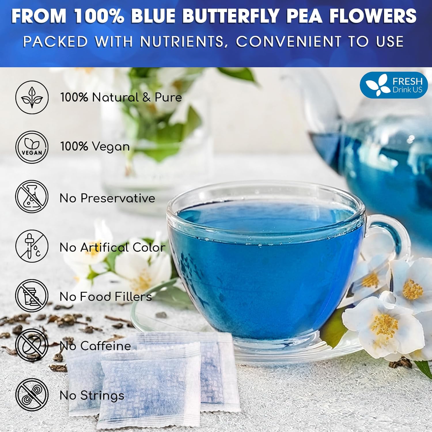 FreshDrinkUS, 55 bolsas de té de guisantes de mariposa, 100% natural y puro de flores de guisantes de mariposa, hechas a mano, hechas con materiales