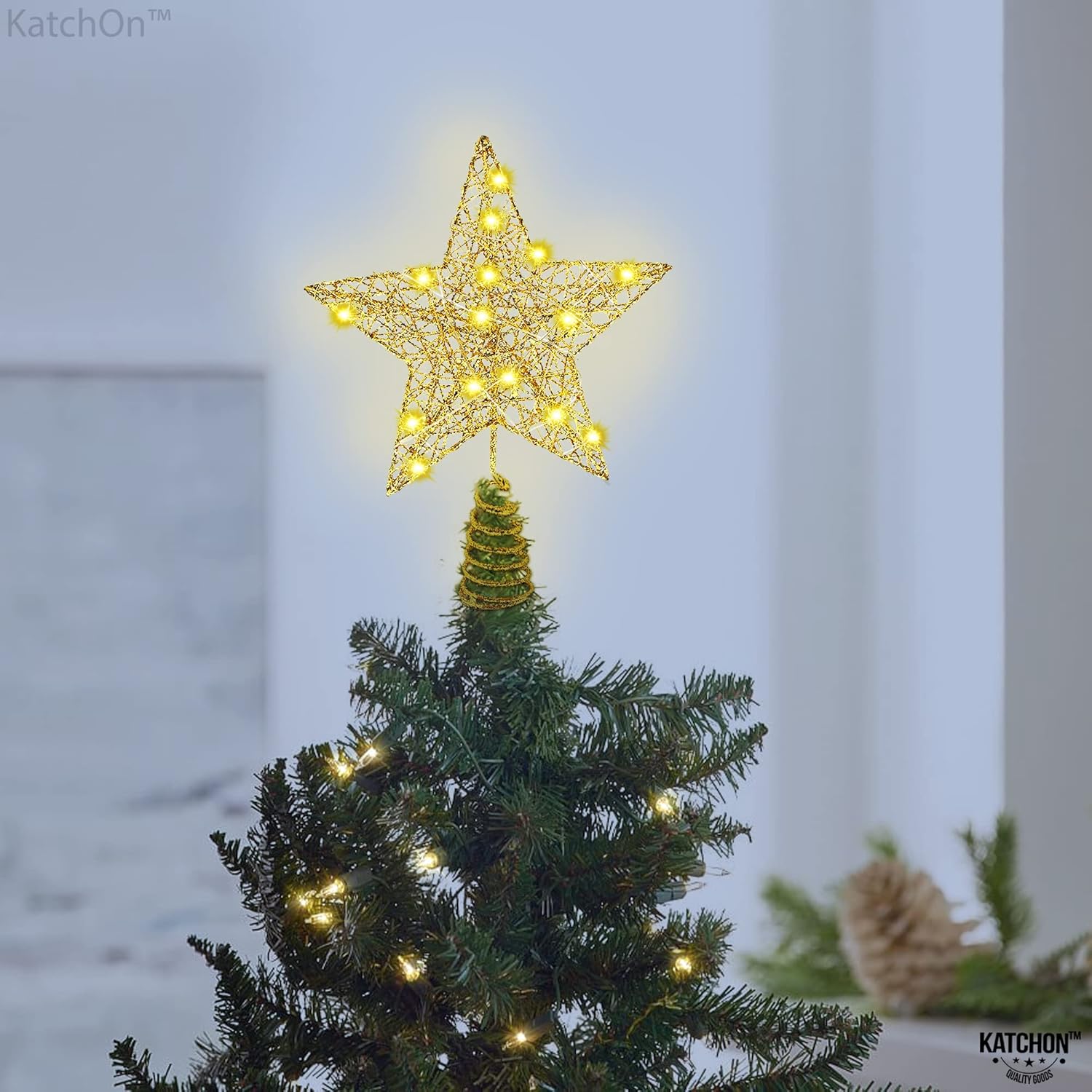 KatchOn, Estrella dorada iluminada para árbol de Navidad, 20 LED, 10 pulgadas, estrella para decoración de árbol de Navidad, decoración de estrella