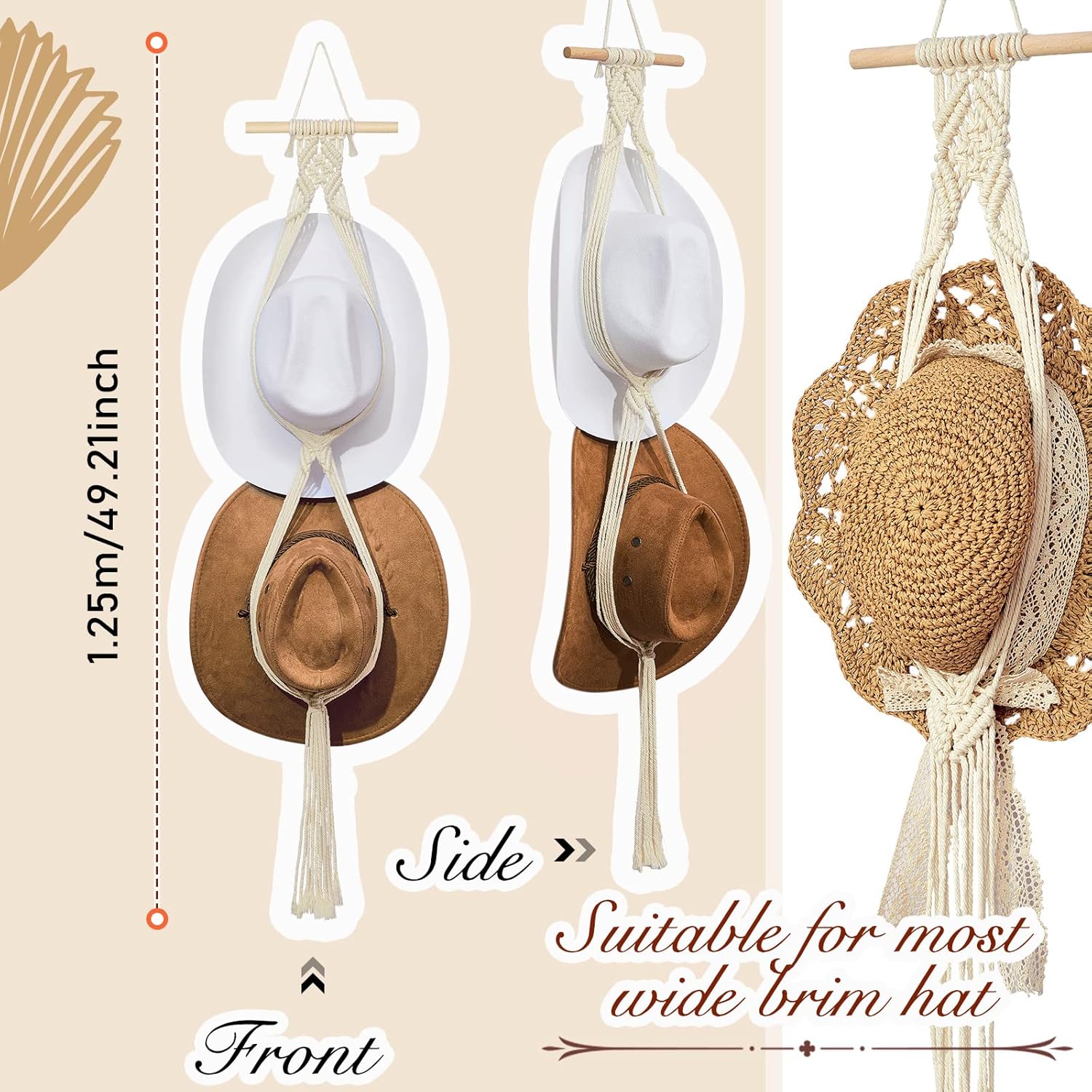 Perchas de macramé para sombreros, estilo bohemio, para colgar sombreros de vaquero, organizador para la parte trasera de la puerta (blanco, estilo