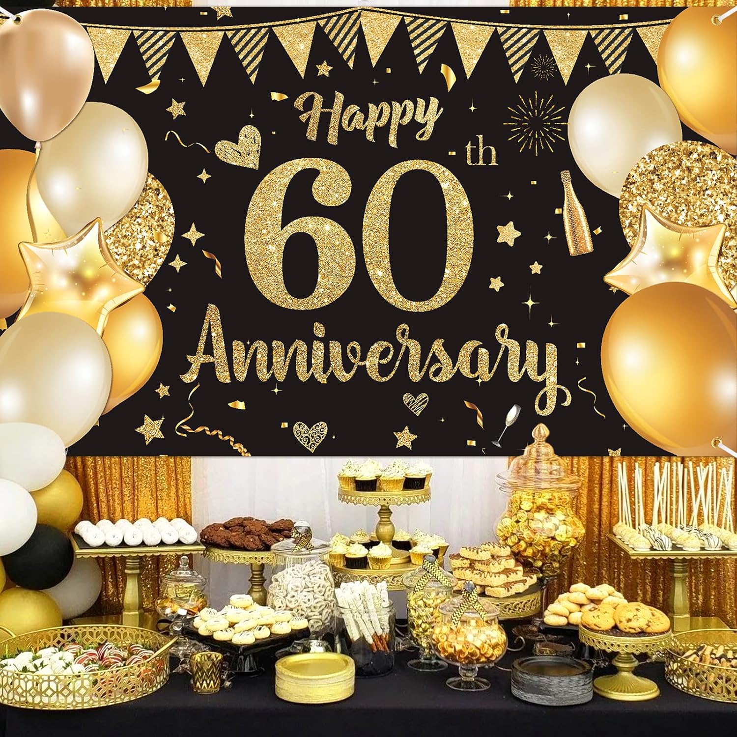 Decoraciones de 60 aniversario, pancarta de feliz 60 aniversario de boda de oro negro para 60 aniversario, decoración de fiesta de aniversario de