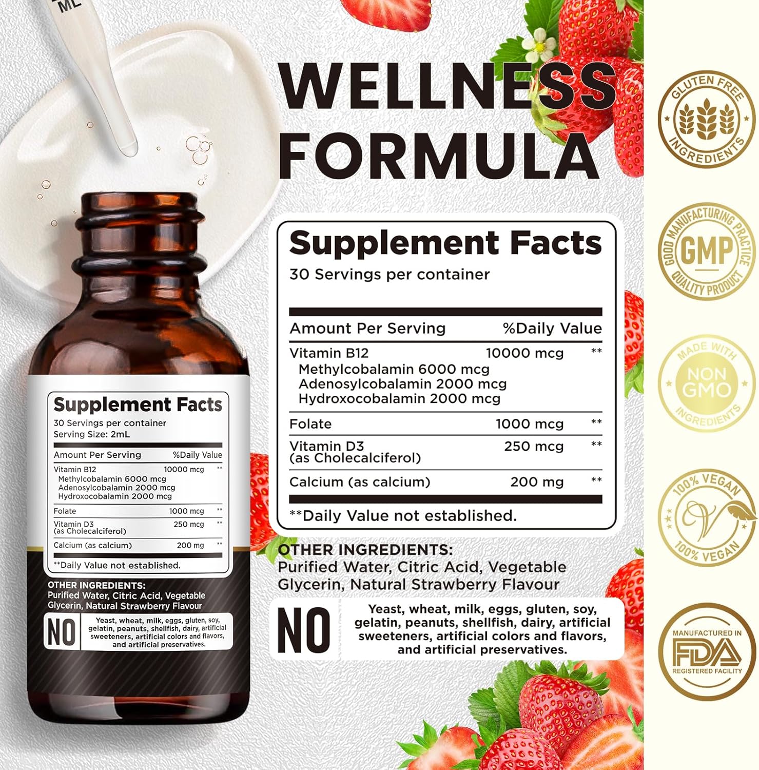 Complejo de vitamina B12 de 10000 mcg  Suplemento sublingual de triple líquido vegano B-12 gotas  Mezcla de metilcobalamina y adenosilcobalamina e