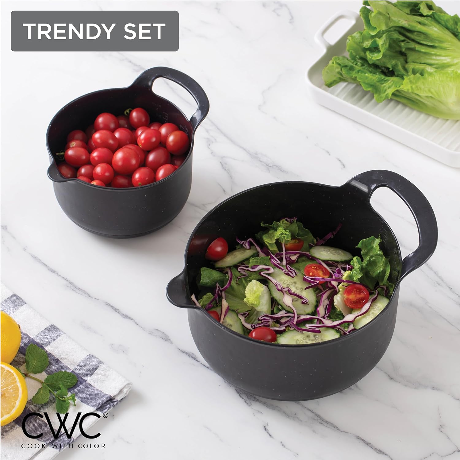 COOK WITH COLOR Nesting – Juego de cuencos de plástico para mezclar con boquillas y asas, negro moteado, 4 piezas antideslizantes