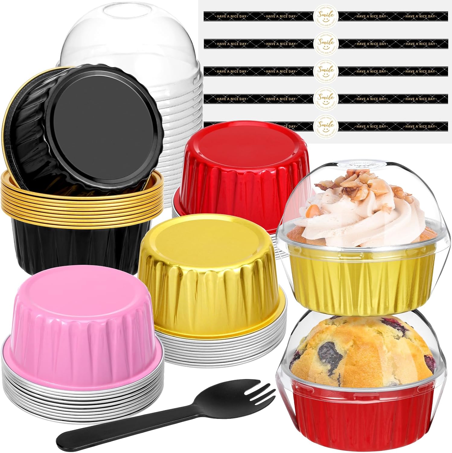 Moldes desechables con tapas y cucharas (paquete de 40, colores mezclados, 5 onzas), forros redondos para cupcakes con tapas, mini latas