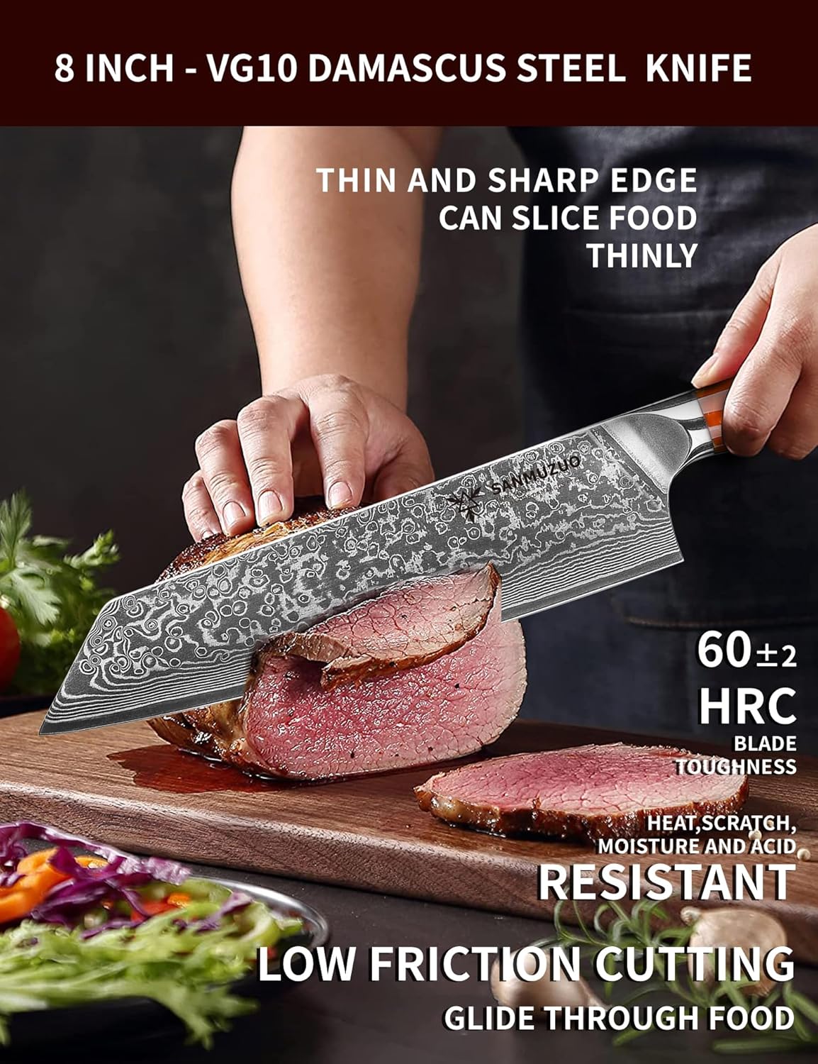 8.5 inch Kiritsuke Kitchen Chef Knife – 67 Layers Damascus Steel & Resin Handle – Xuan Series(Fantasy Orange)