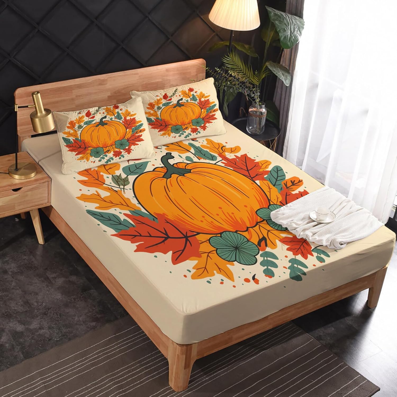 zcsm Juego de sábanas tamaño Queen, sábanas de calabaza de Acción de Gracias, sábanas y fundas de almohada, microfibra suave, bolsillo profundo y