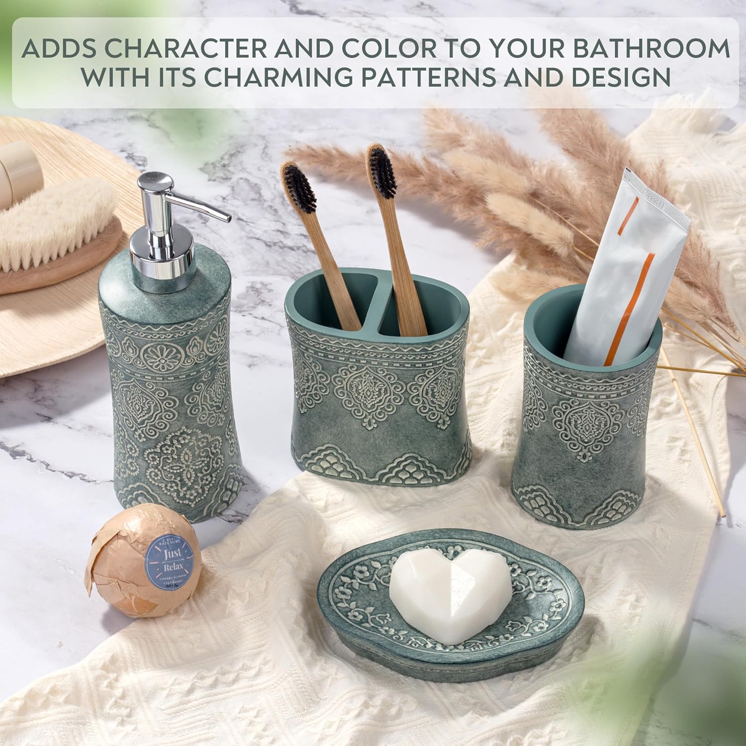 Juego de accesorios de baño de 4 piezas, soporte para cepillo de dientes, vaso, dispensador de jabón, jabonera, artículos esenciales para