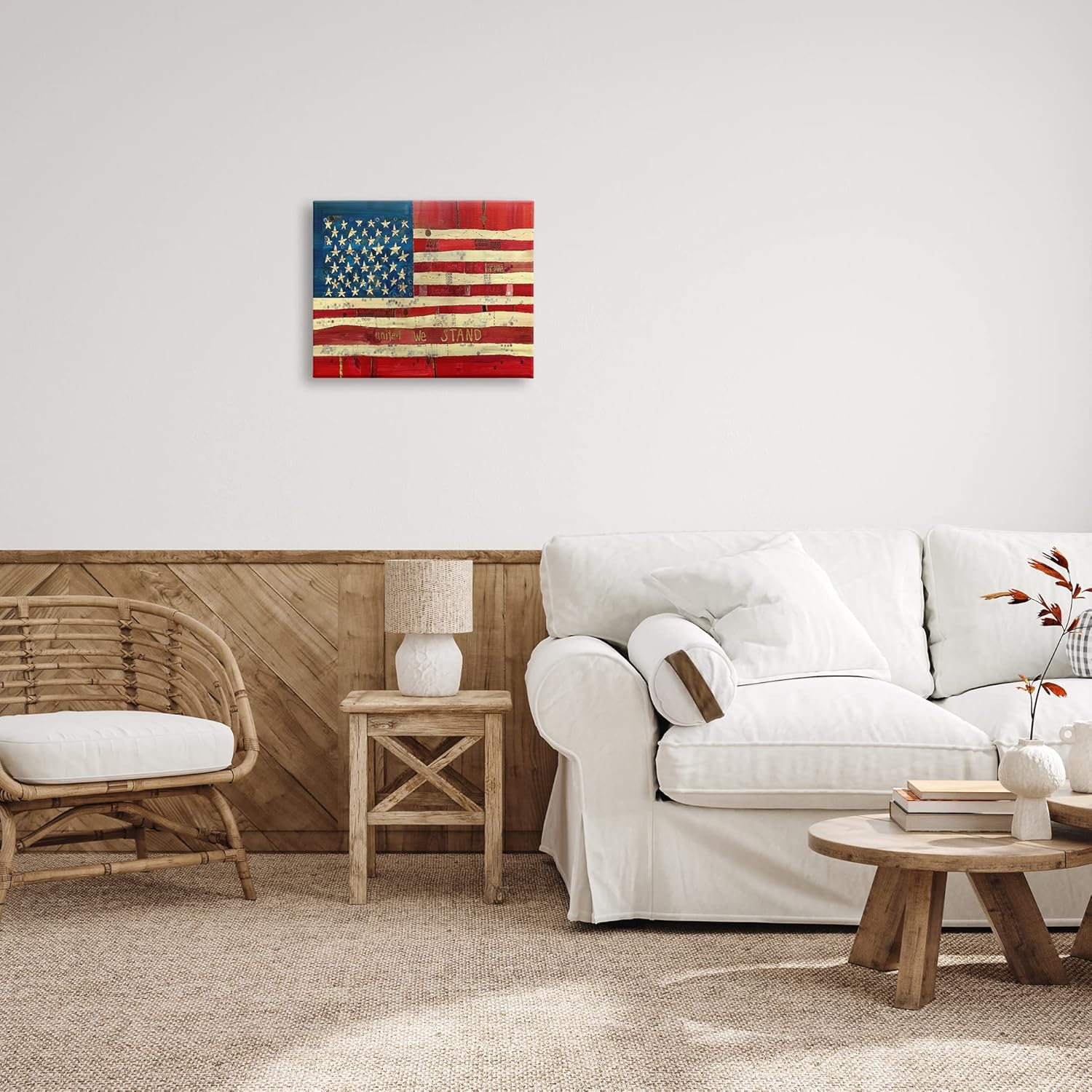 Stupell Industries United We Stand Independence Day – Bandera estadounidense festiva con diseño de Stephanie Burgess
