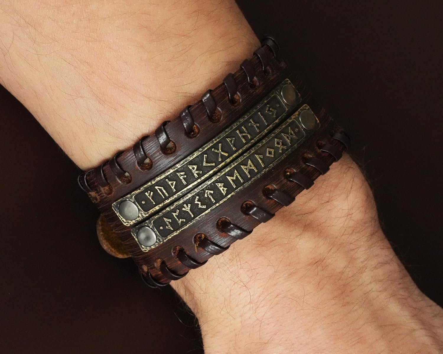 Baldur Jewelry Genuine Leather Bracelet With Viking Rune Futhark Metal Plates For Men Women, Adjustable Wrap, Ethnic Tribal Braided Bracelet
