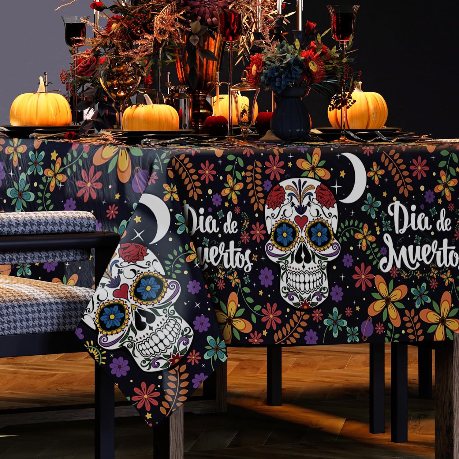 AnyDesign Mantel rectangular con diseño de calavera del Día de los Muertos, estilo mexicano, diseño de calavera de flores coloridas, mantel lavable