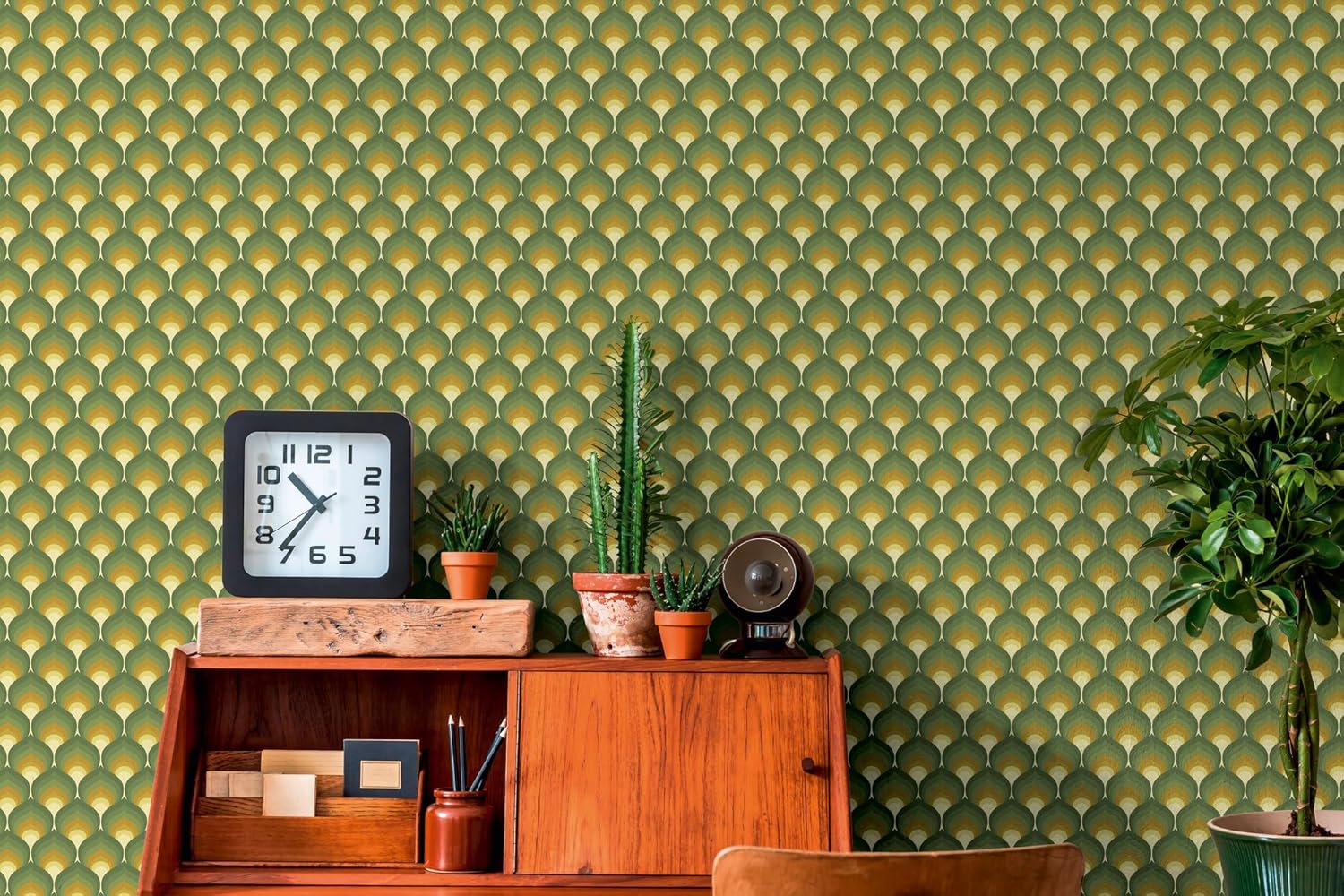 A.S. Création Papel pintado retro de los años 70 con gráfico vintage verde amarillo marrón beige papel pintado retro chic 1,297,181.8-27.9 ft x 0,53