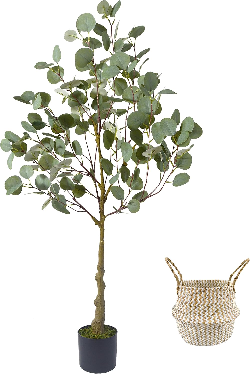 Árbol de eucalipto artificial, planta de eucalipto artificial de 4 pies de alto con canasta, hojas de seda verdes y plateadas, árbol sintético para