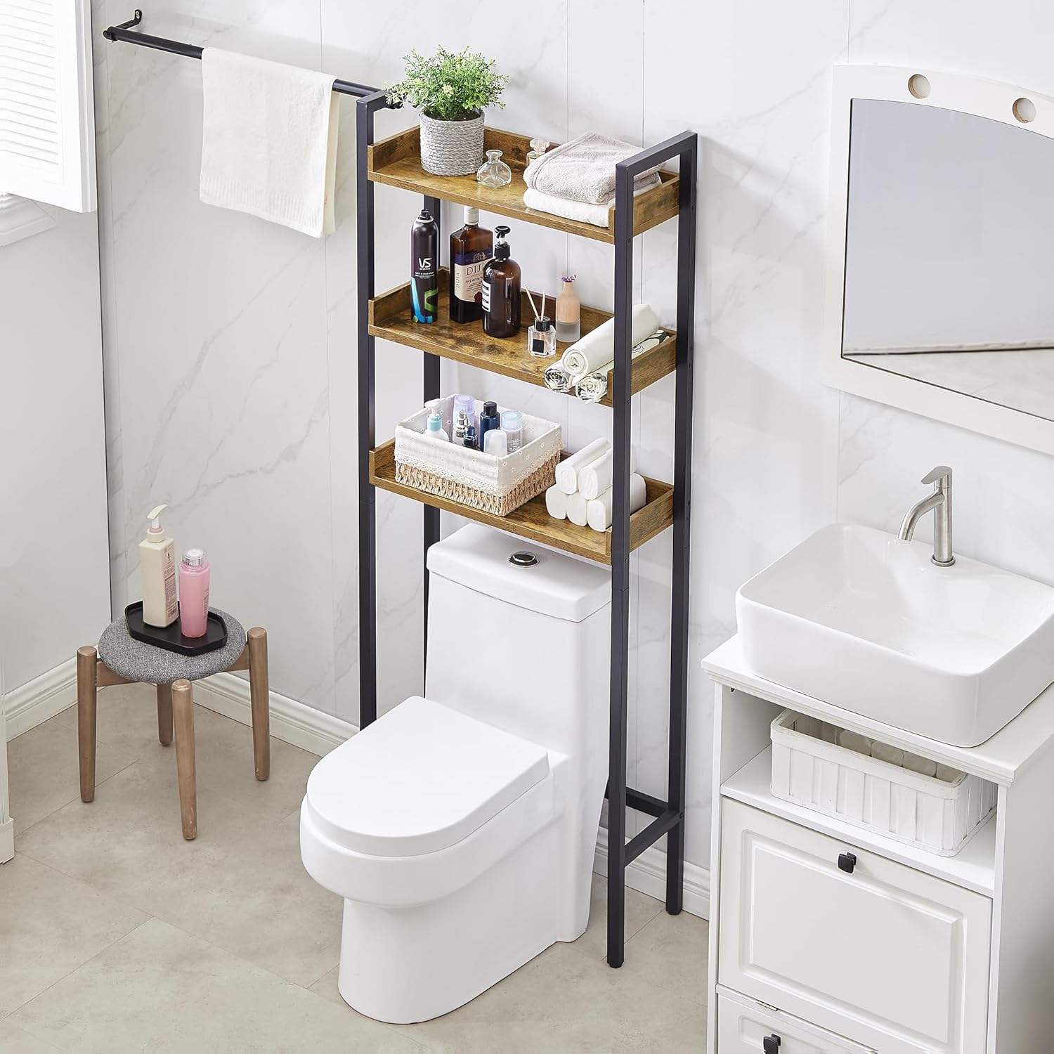 VECELO Almacenamiento sobre el inodoro, organizador de baño industrial de 3 niveles con patas ajustables, estantes multifuncionales, gran capacidad,