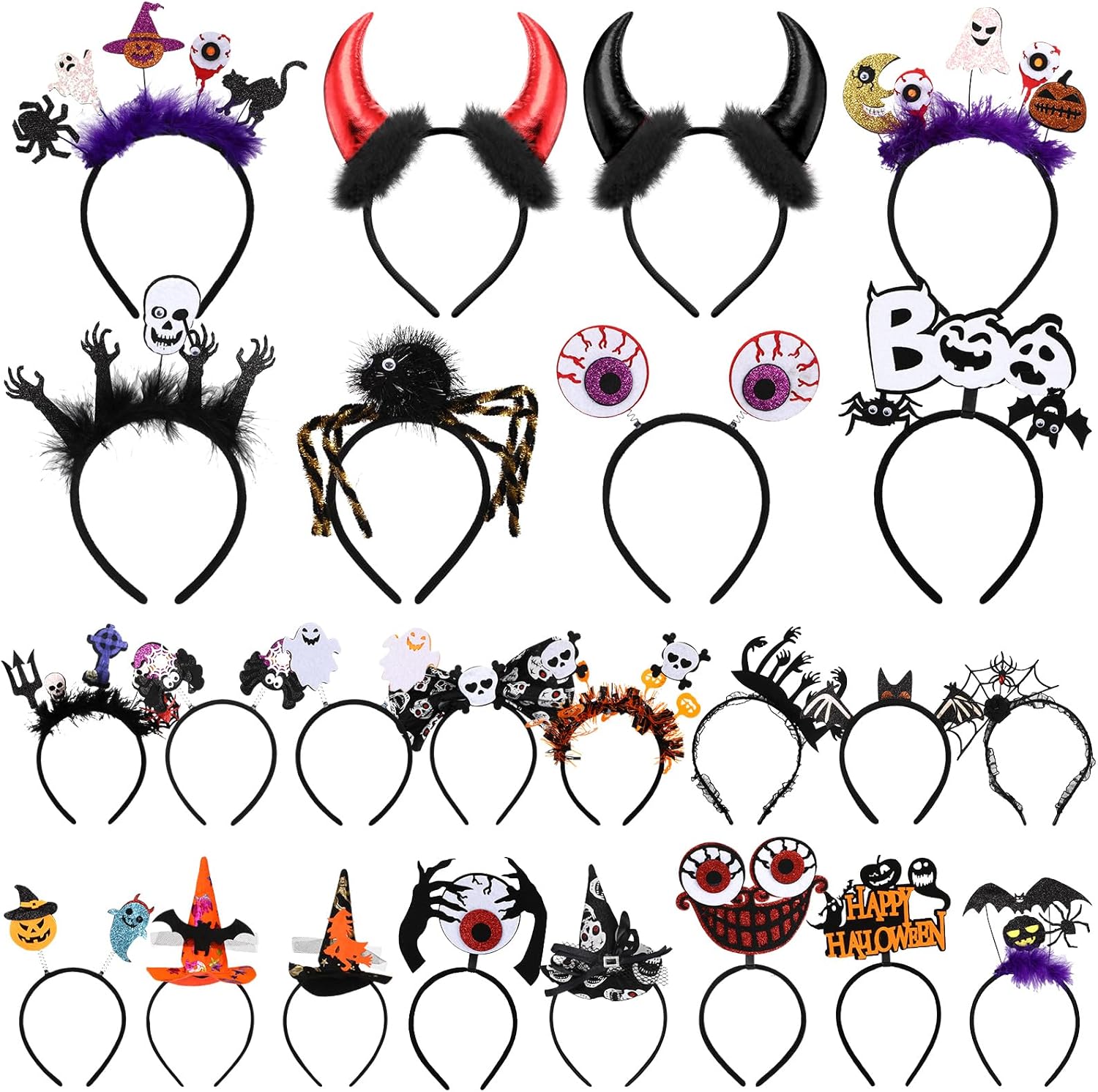 24 diademas de Halloween a granel, calavera, calabaza, bruja y araña, diademas de telaraña, globo ocular, murciélago, esqueleto para Halloween,