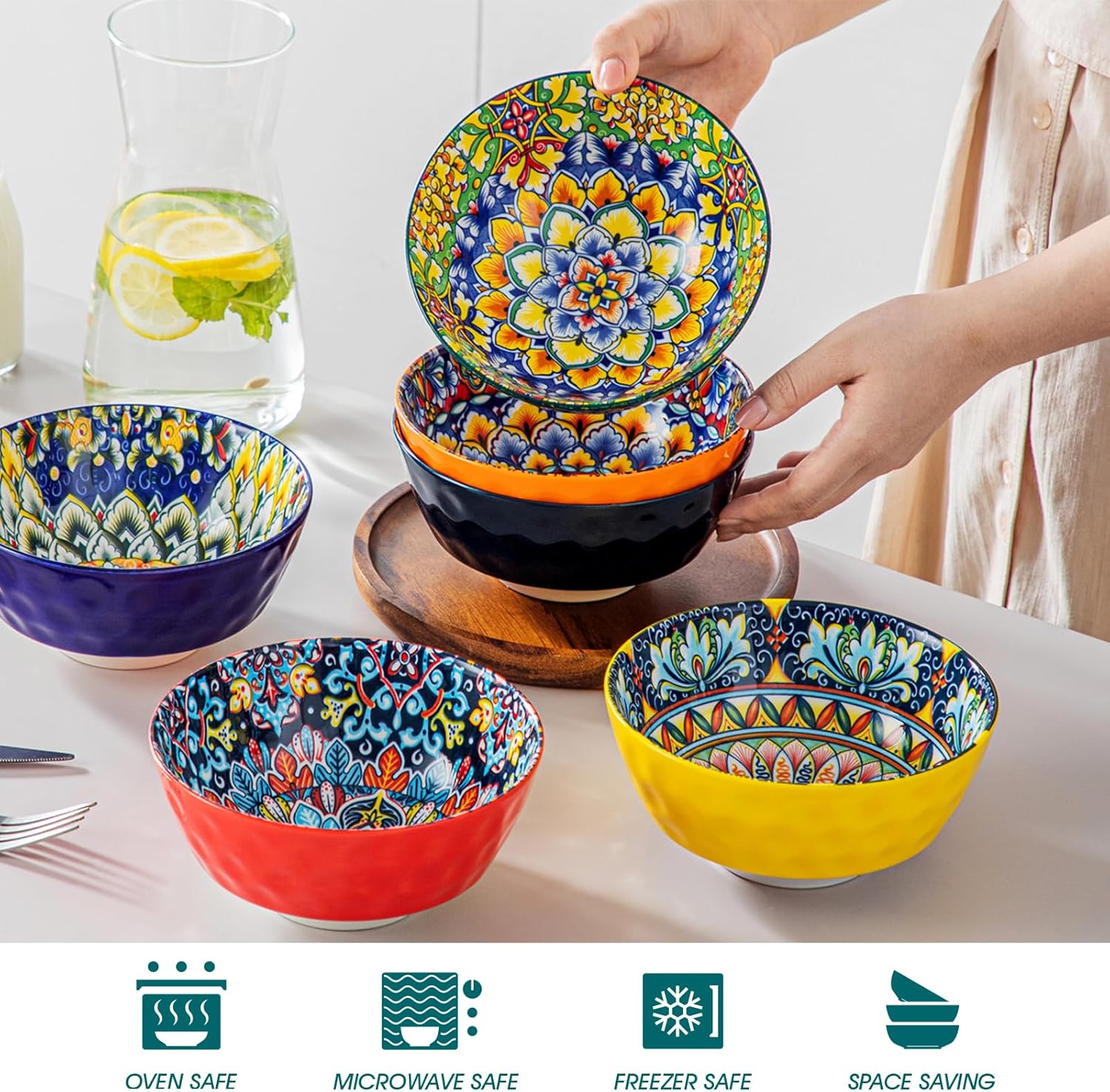 vancasso Juego de 6 cuencos para cereales, cuencos de sopa de cerámica, juego de cuencos corlorful de 26 onzas para cocina, lavavajillas y
