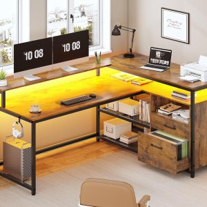 SEDETA Escritorio de oficina en forma de L, escritorio de oficina en casa de 55 pulgadas con cajones, escritorio de esquina para computadora con SEDETA Escritorio de oficina en forma de L, escritorio de oficina en casa de 55 pulgadas con cajones, escritorio de esquina para computadora con