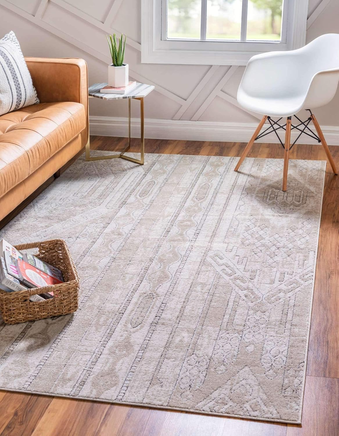 Unique Loom Portland Collection – Alfombra de área a rayas inspirada en el suroeste tono sobre tono (6 pies x 9 pies, rectangular, bronceadomarfil)