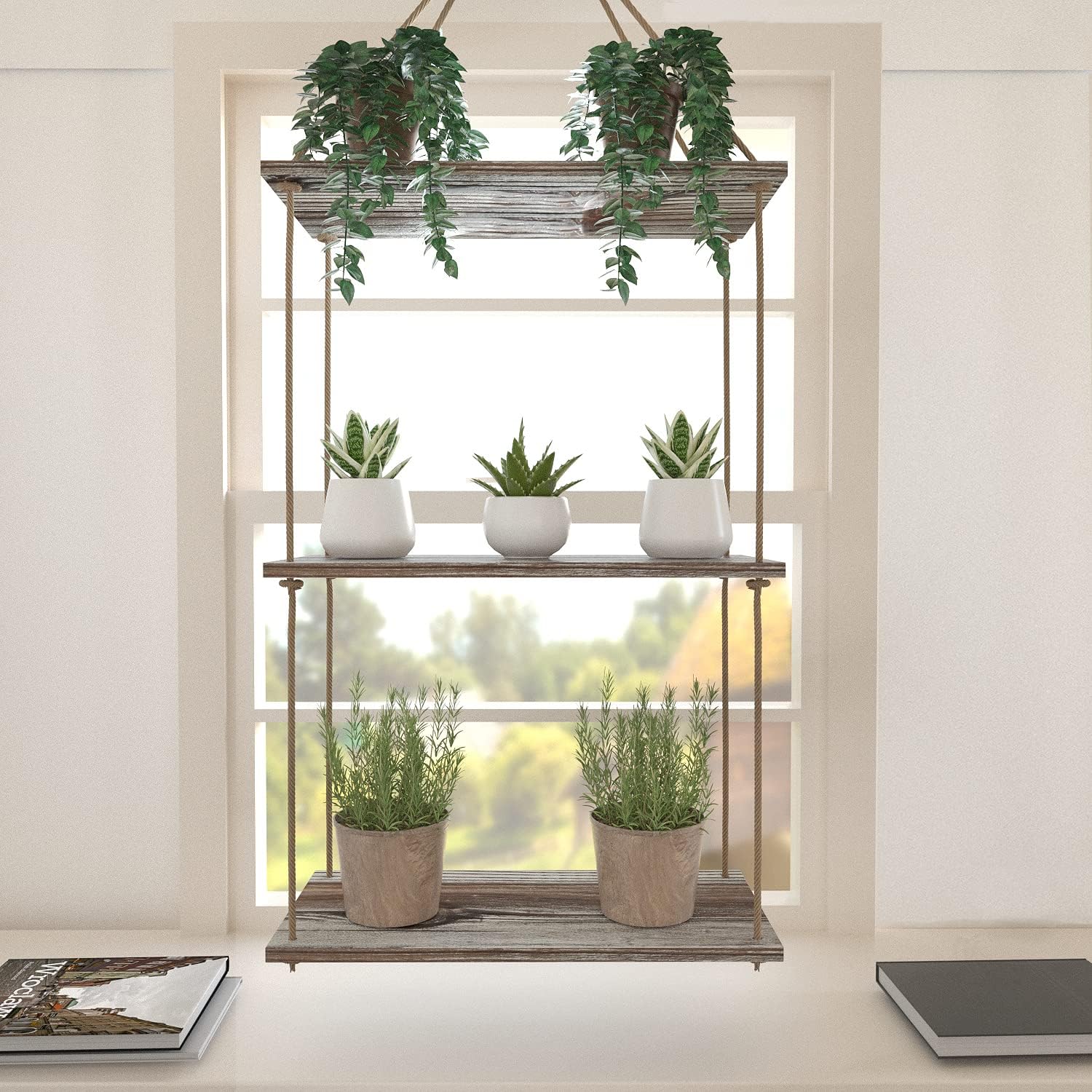 J JACKCUBE DESIGN MK555AAA – Juego de 3 estantes colgantes de madera rústica, decoración bohemia de habitación, estante de exhibición de cuerda