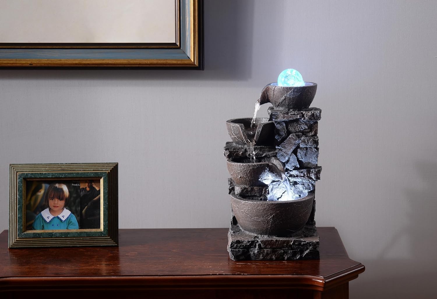 MSEONWXI Fuente de mesa para decoración del hogar, piedra interior, cuatro tazones, rocas de río naturales, decoradas, luces coloridas, bola rodante