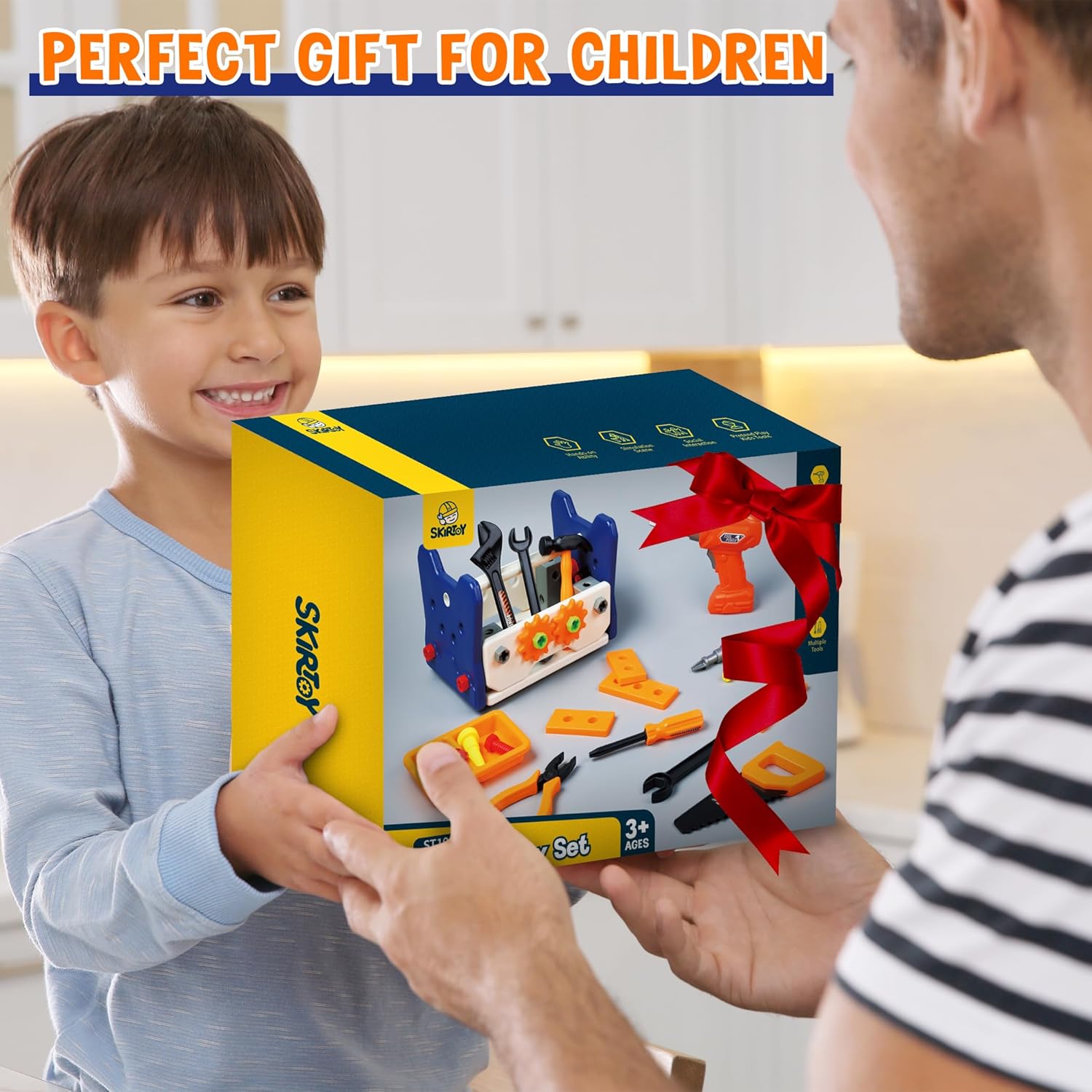 Skirtoy Juego de herramientas para niños, 54 piezas de herramientas para niños con taladro eléctrico, juguetes desmontables para niños pequeños,