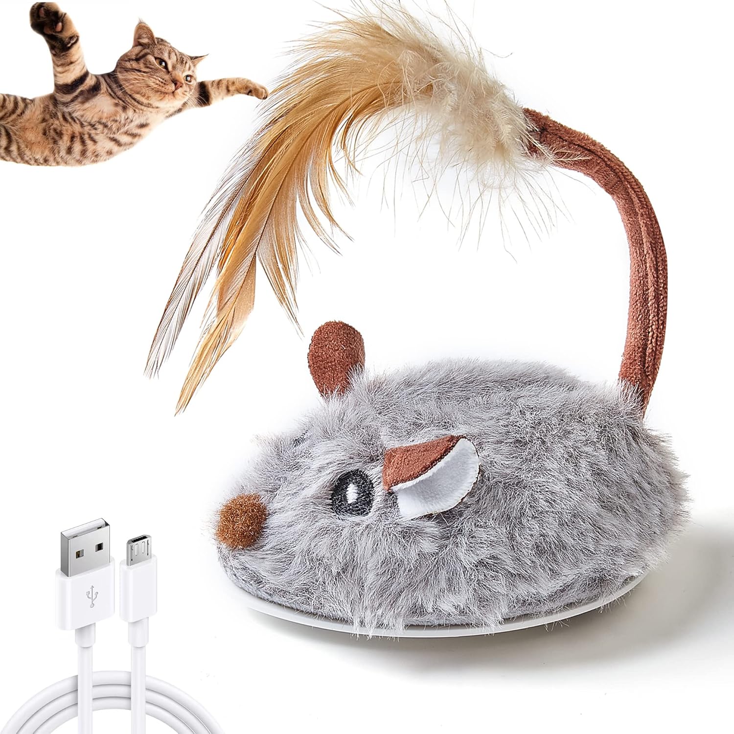 Vealind Juguetes interactivos para gatos con cola de plumas, juguete recargable por USB, movimiento automático para gatos de interior, caza y