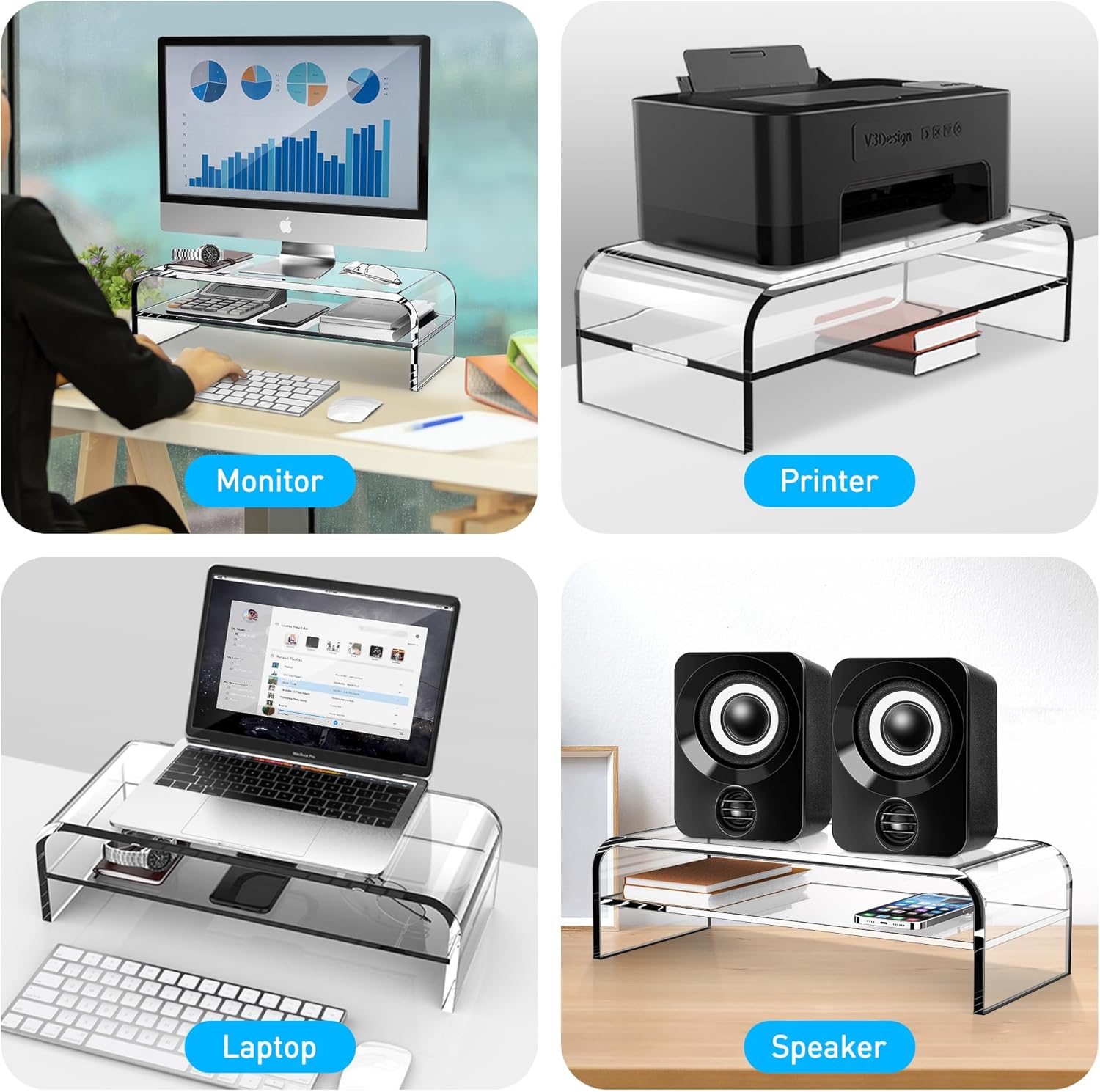 AboveTEK Soporte de monitor acrílico de 2 niveles, elevador de computadora para oficina en casa, elevador de monitor transparente para