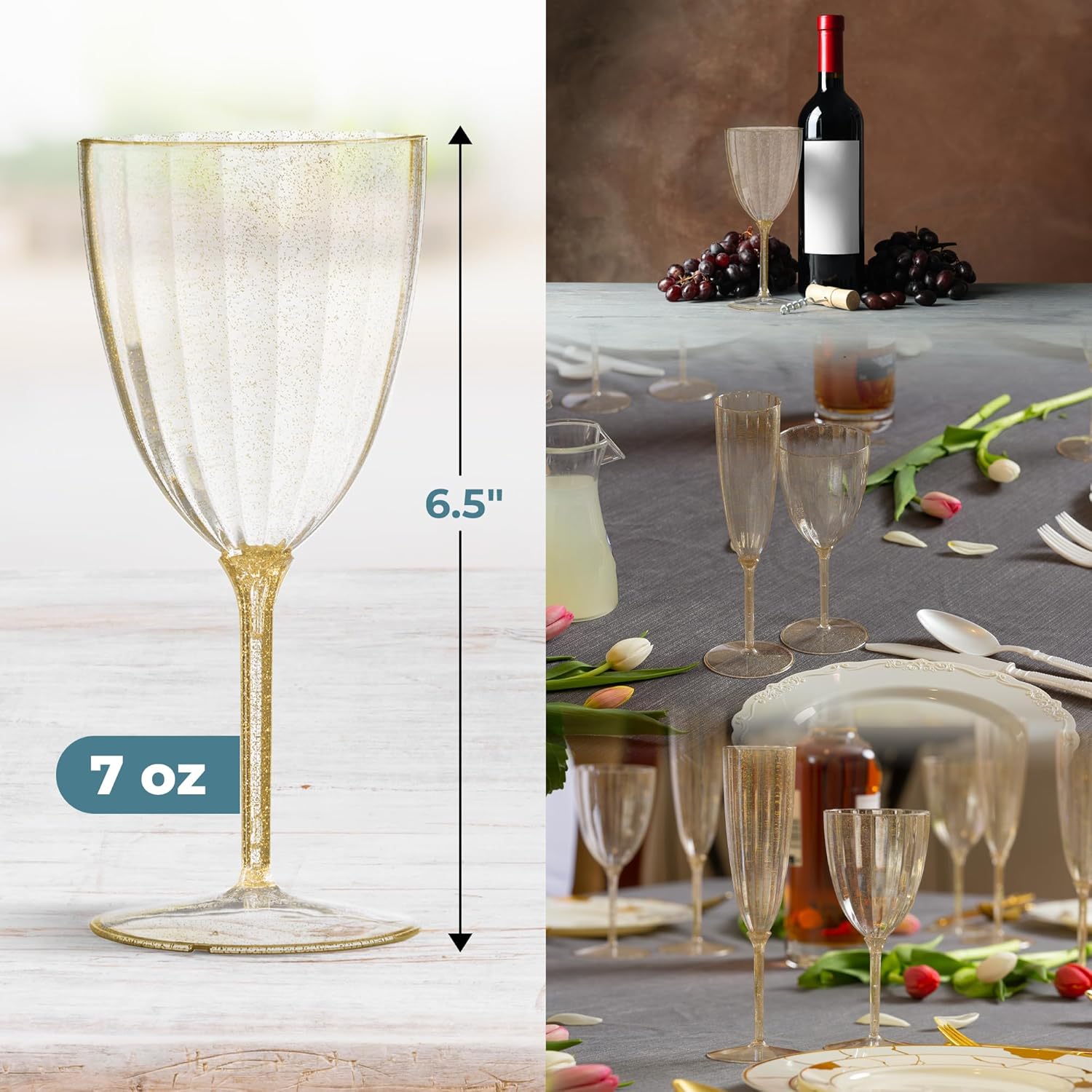 Posh Setting Copas de vino de plástico dorado con purpurina de 7 onzas, vasos desechables de plástico duro, tazas con tallo para tostar, bodas,