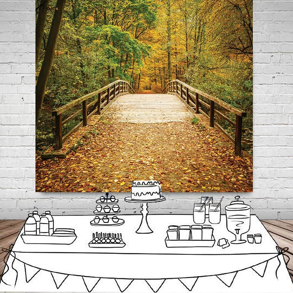 LYWYGG Fondo de otoño de 10 x 10 pies, hojas amarillas, paisaje de otoño, fondos de fotografía de fondo de puente caducifolio, fondos de estudio