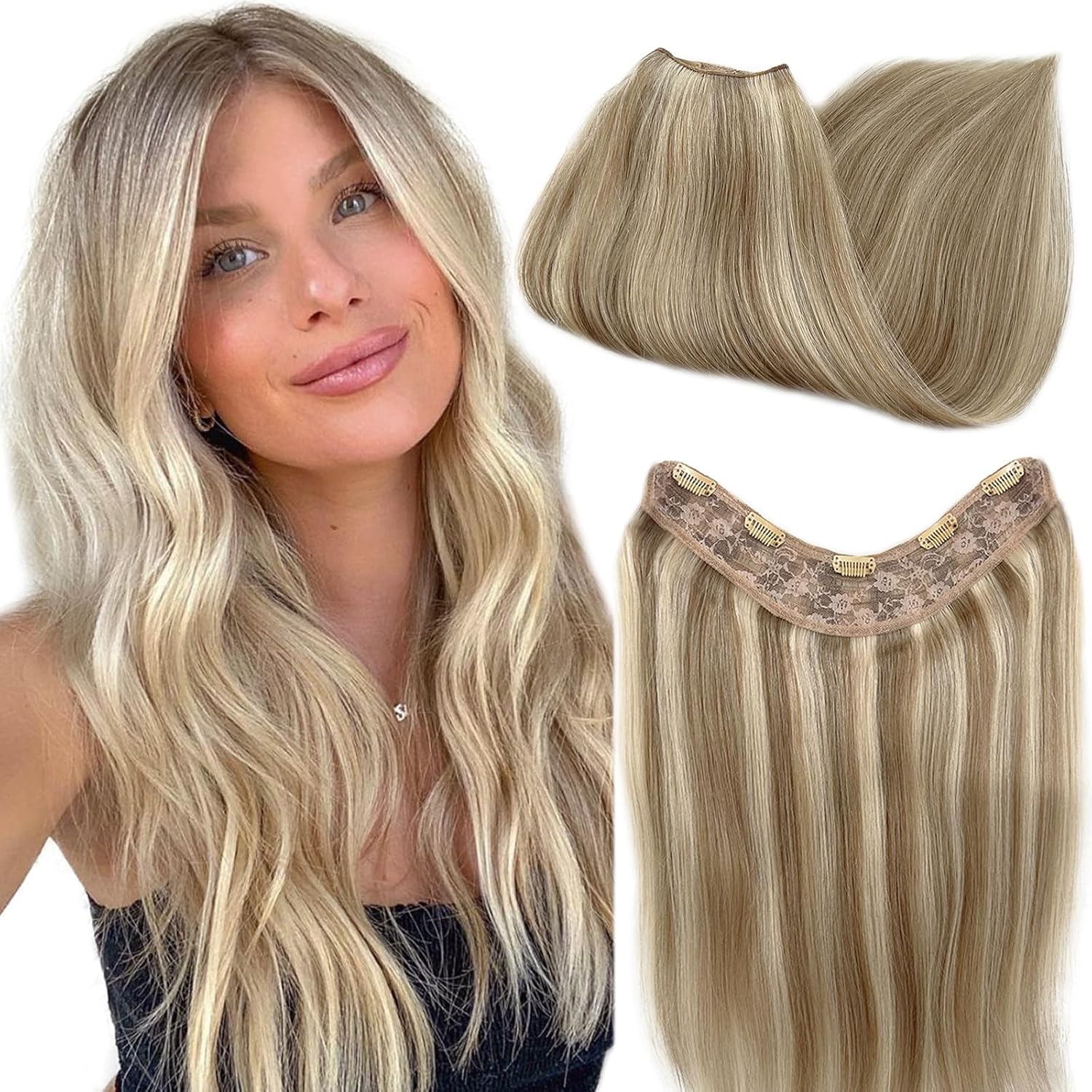 Extensiones de cabello humano real con clip, de una pieza, sin costuras, de color rubio beige a rubio platino, extensiones de cabello humano Remy de