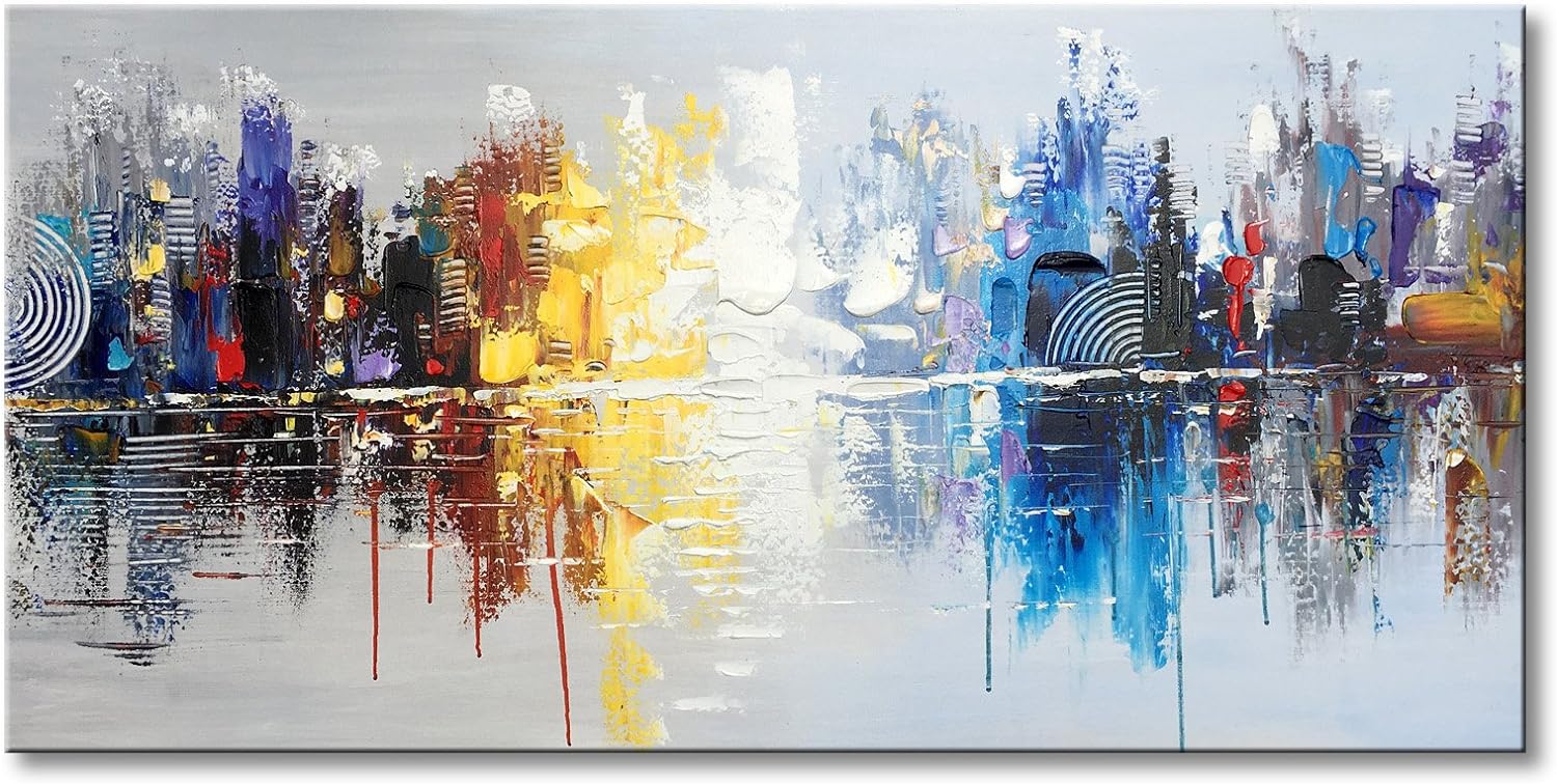Pintura al óleo sobre lienzo pintada a mano, diseño de reflejo de paisaje urbano moderno, decoración de arte abstracto