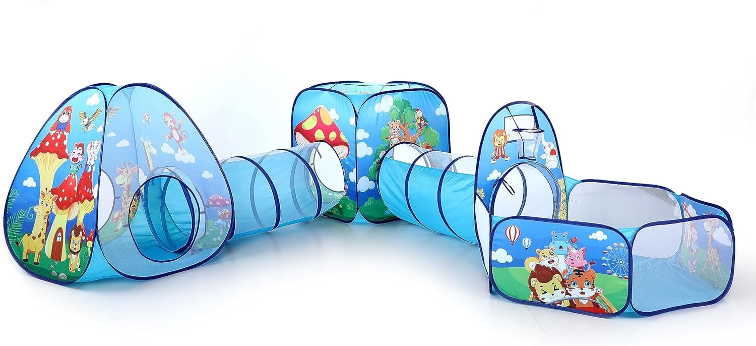 Tienda de campaña de juego para niños pequeños de 5 piezas con 1 hoyo de pelotas de bebé, 2 túneles de gateo para bebés, 2 tiendas de campaña