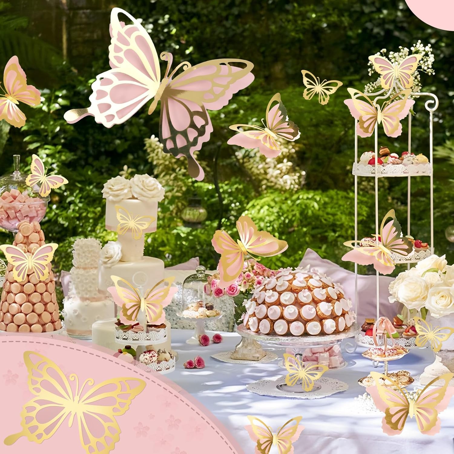 24 decoraciones de mariposa dorada 3D de mariposa grande de 2 capas, decoración de pared de mariposa de 5 tamaños diferentes, mariposa de papel rosa