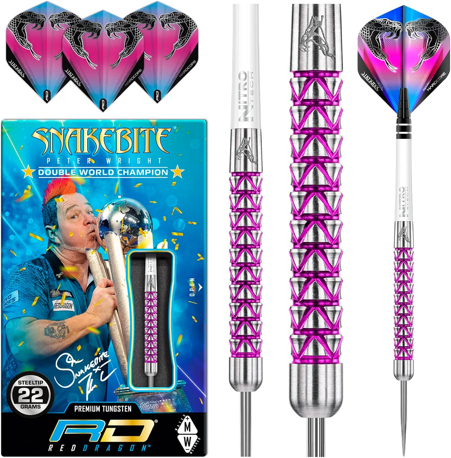 RED DRAGON Peter Wright Snakebite Vyper juego de dardos de tungsteno de 0.78 oz con vuelos y tallos