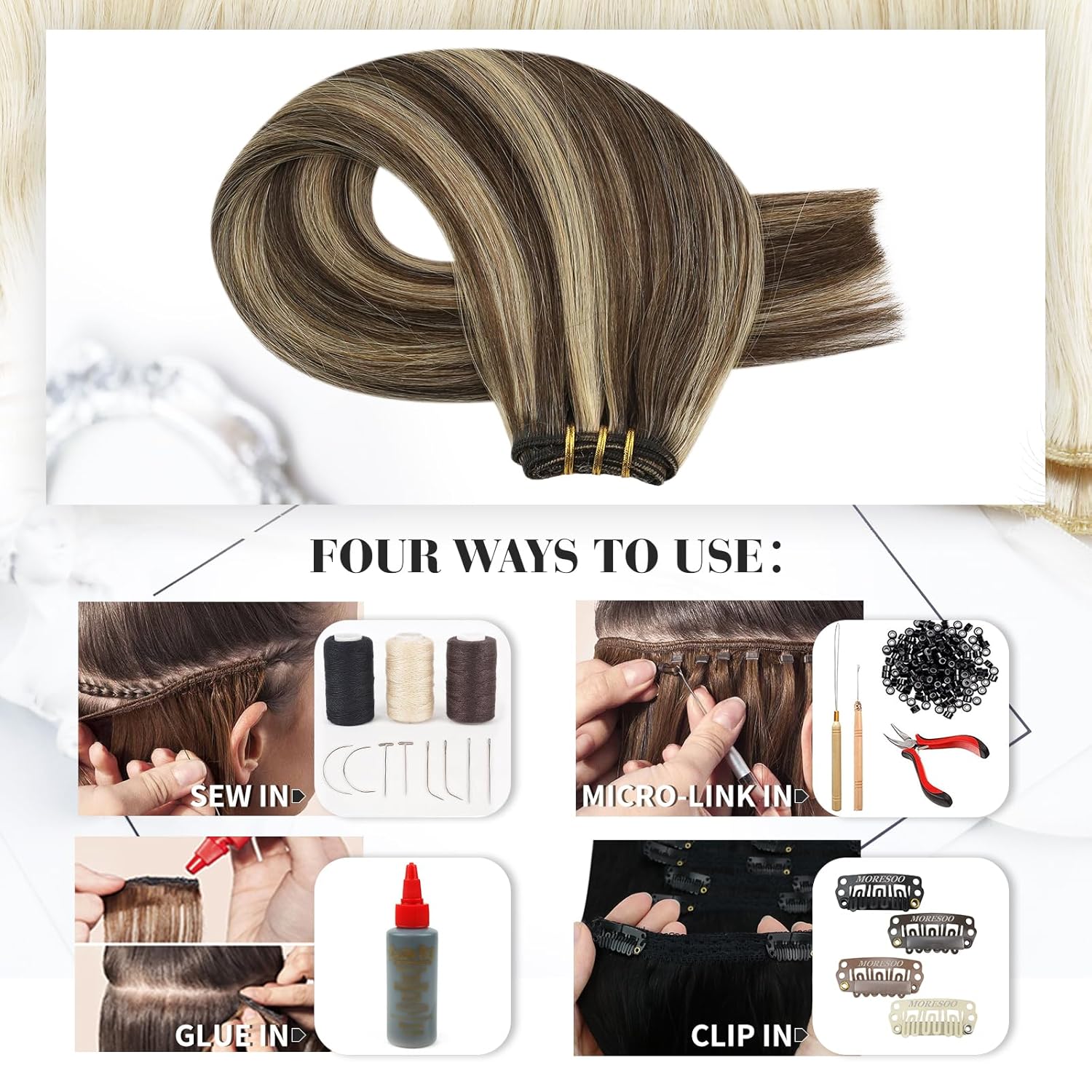 Moresoo – Extensiones de cabello humano real cosidas, extensiones de cabello humano Remy con doble trama, color marrón oscuro con rubio caramelo, 22